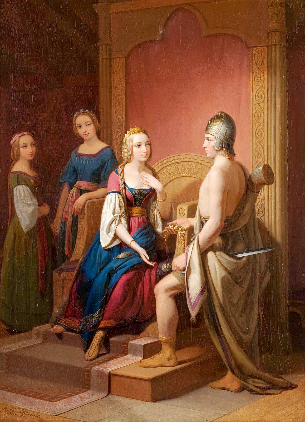 A knight presenting a necklace to a queen seated on a throne