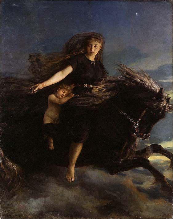 A young girl riding a dark horse at night