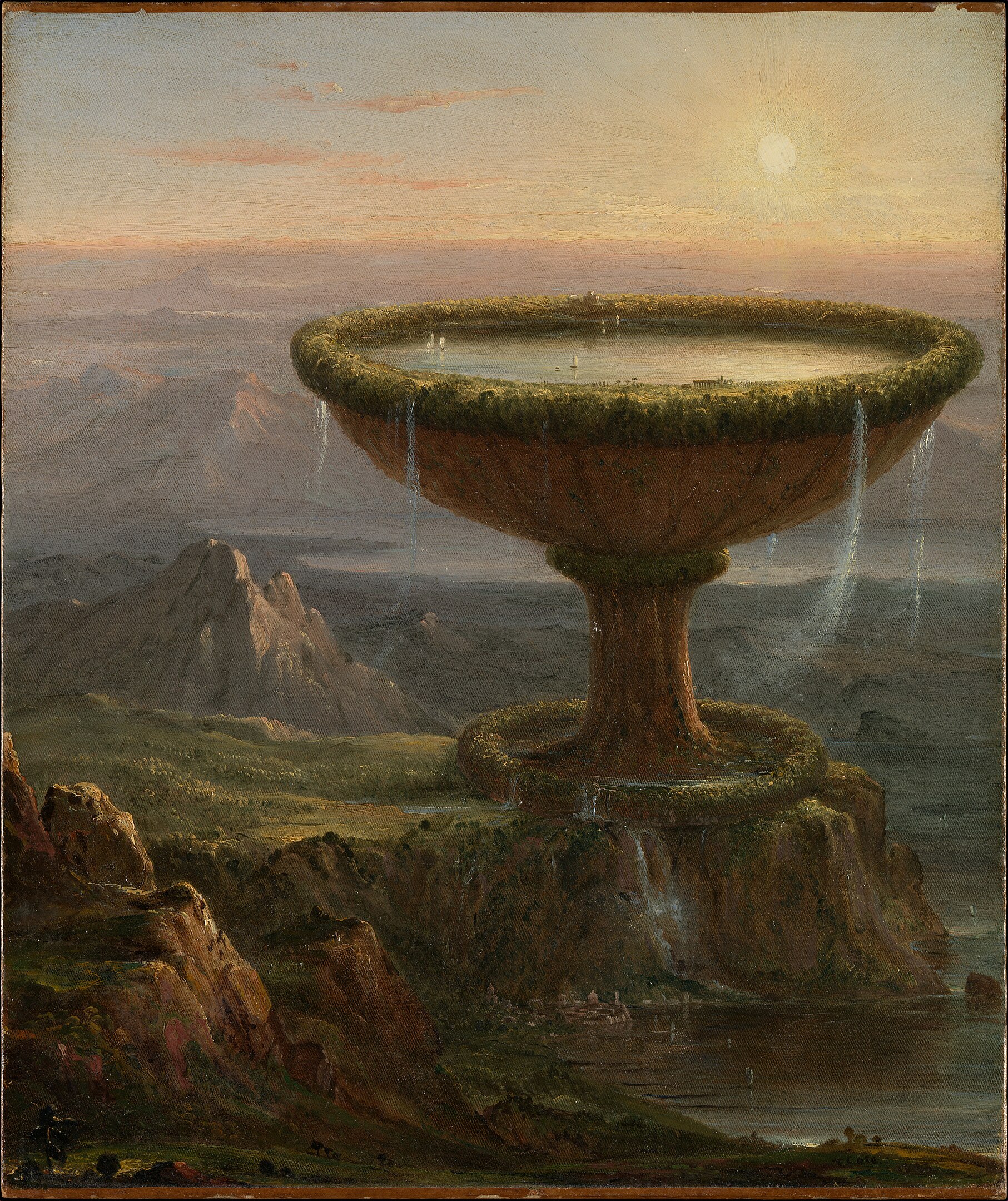 A massive vegetation encrusted goblet within a classical landscape