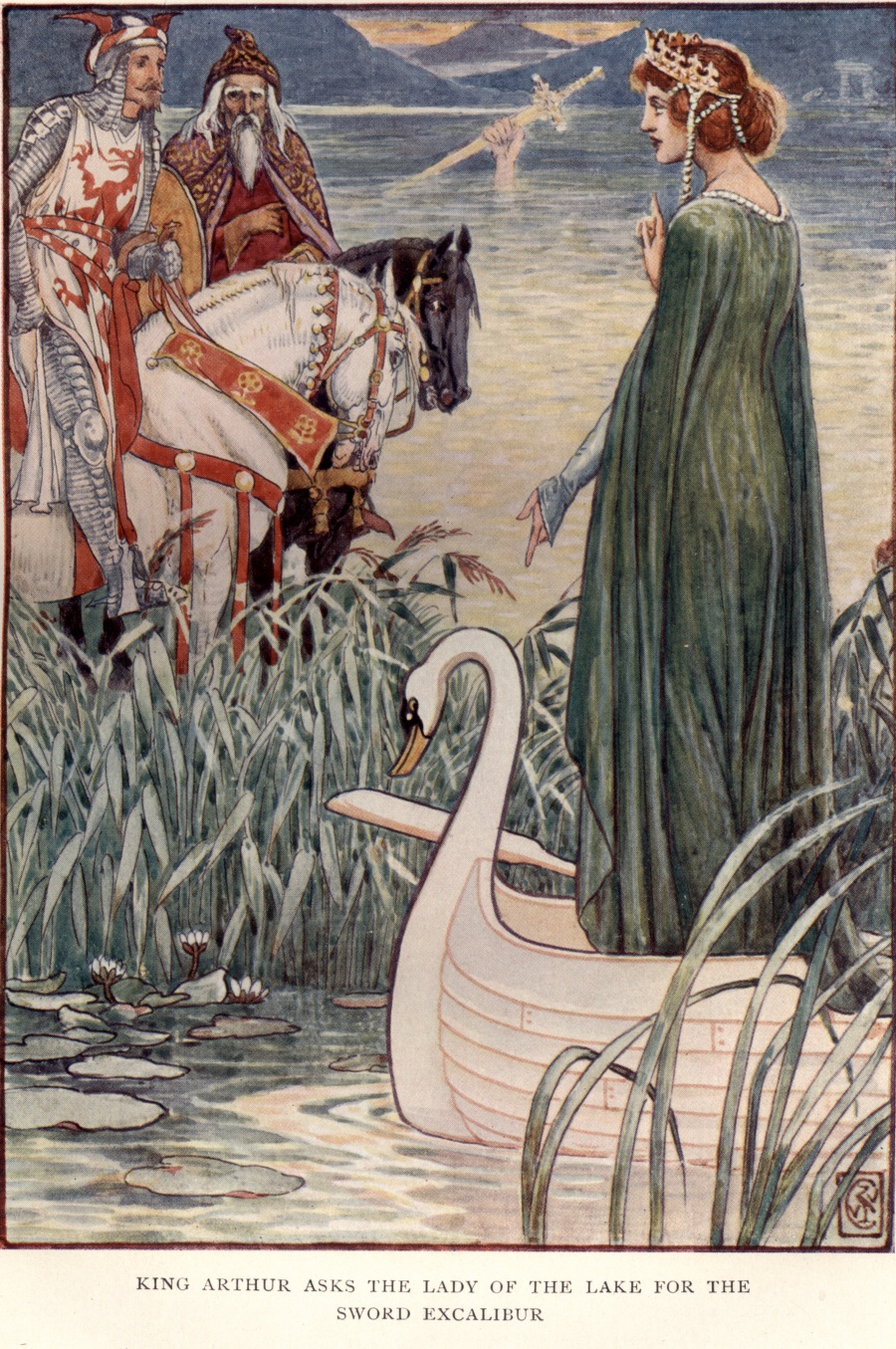 A woman standing on a boat speaking to two men on horseback in a lake