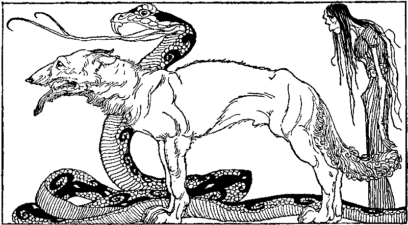 A wolf, serpent, and a female skeleton figure in side-view