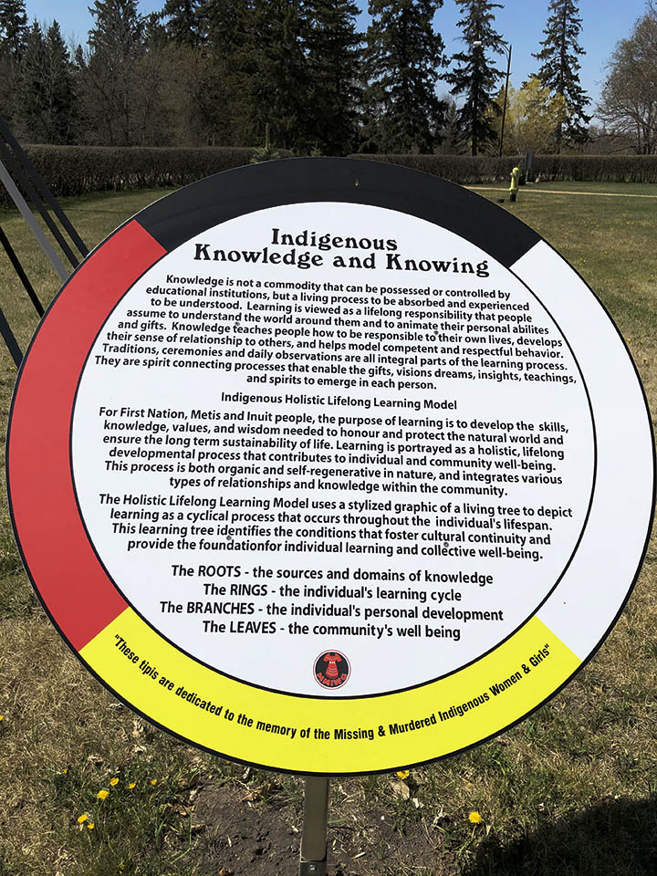 A plaque in front of the North Hill tipi describing Indigenous Ways of Knowing, dedicated to MMIWG2S.