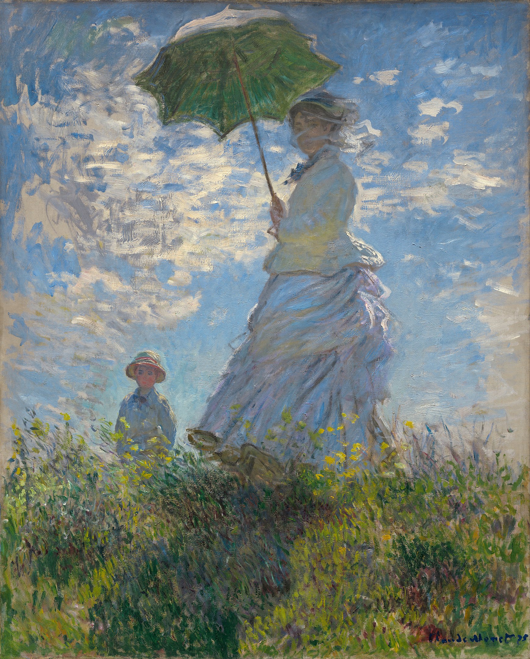 A woman holding a parasol on a grassy field with another standing in the distance