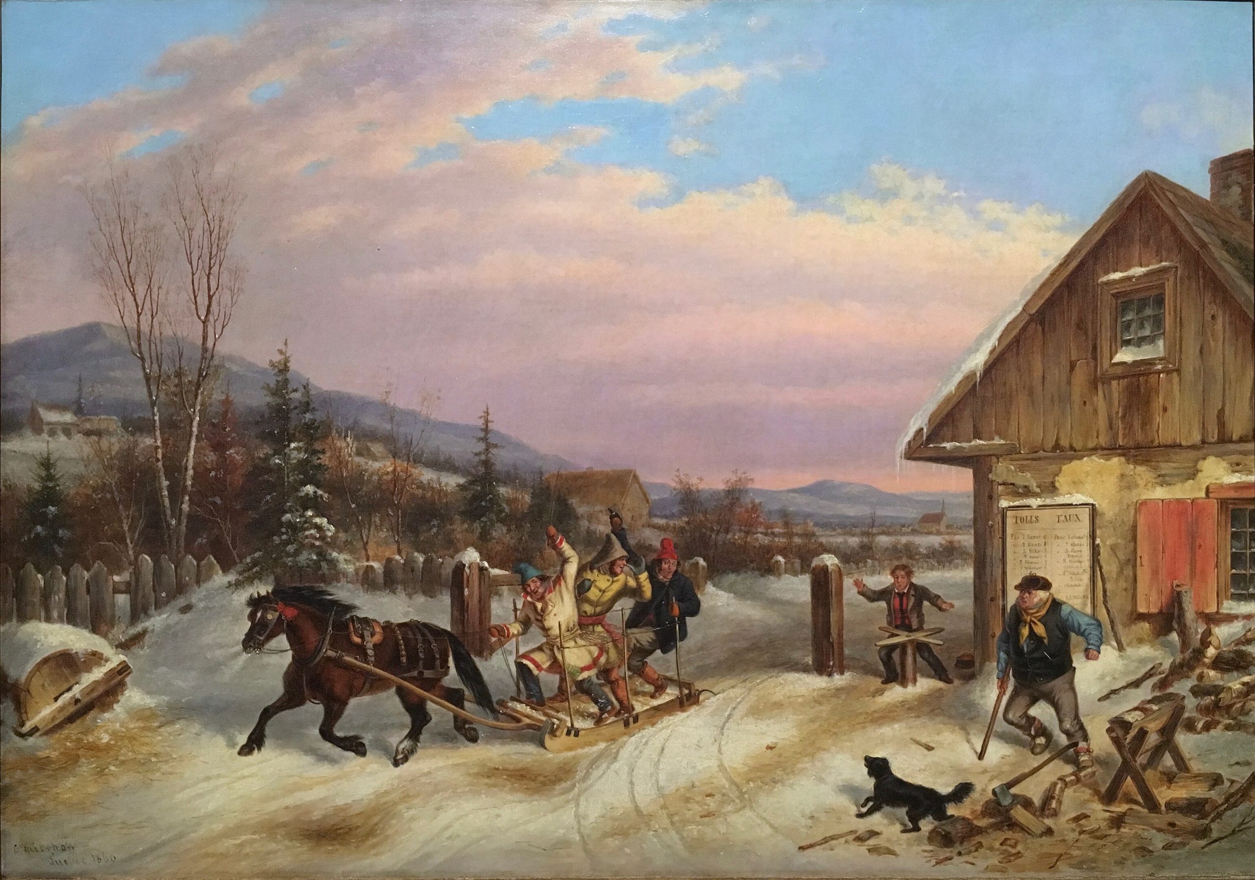 Three men riding off on a sled pulled by a horse as shop owners watch in dismay