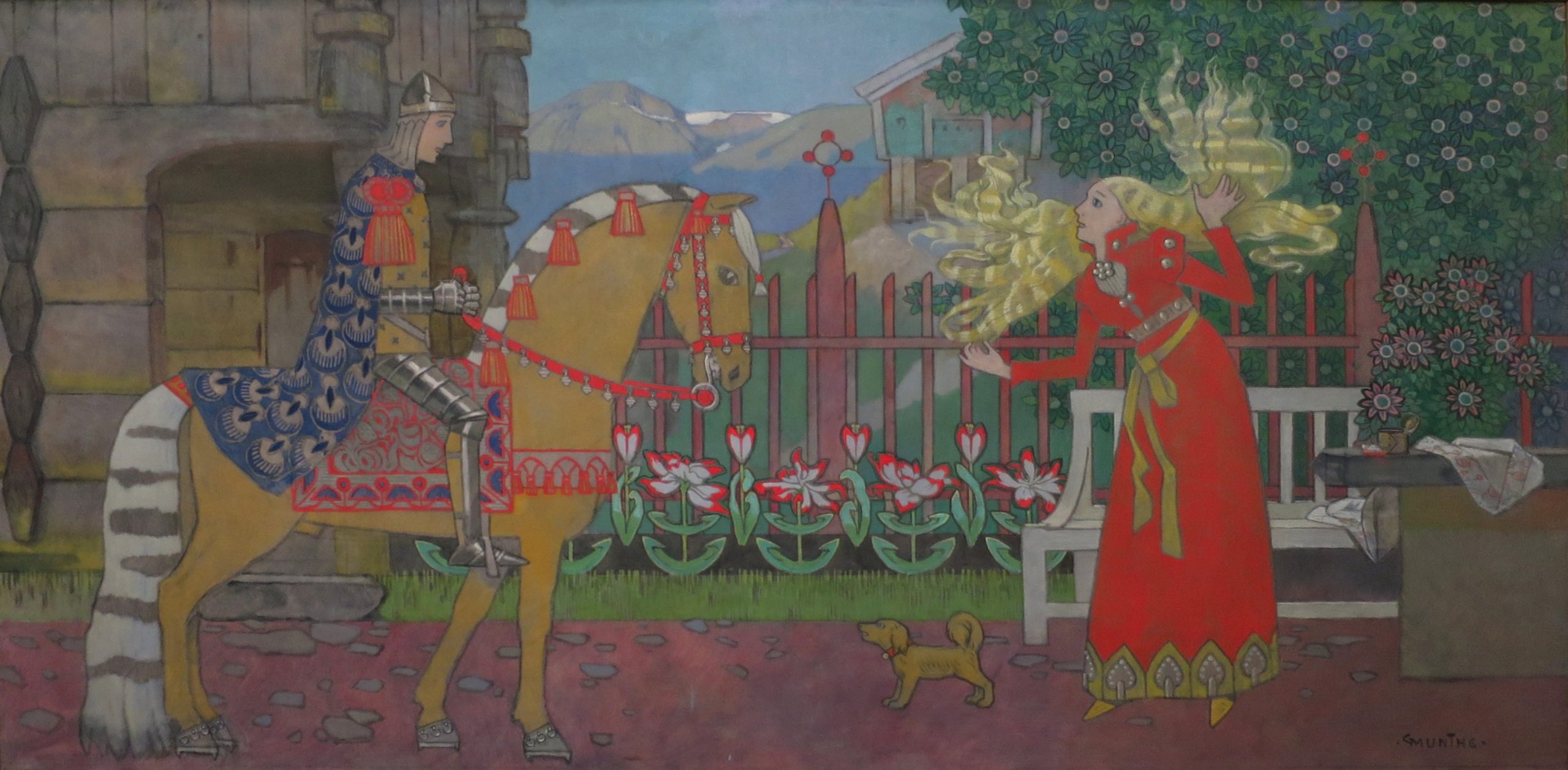 A man on horseback approaching a woman outside a castle
