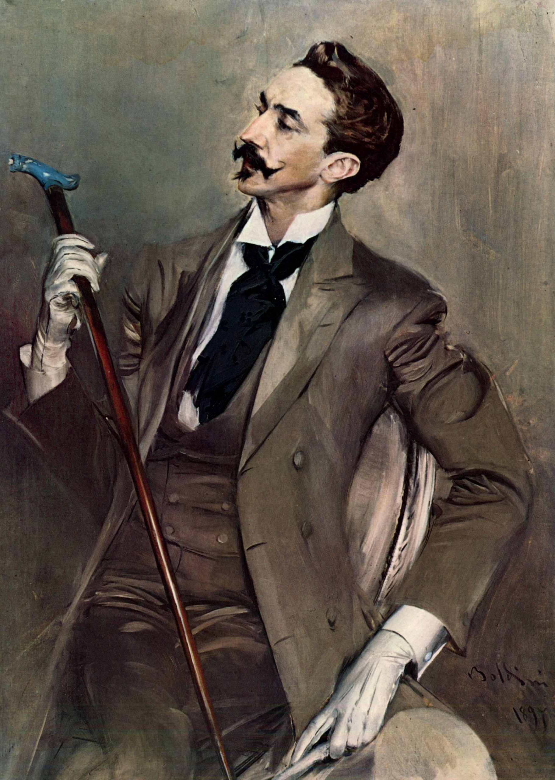 A portrait of a man wearing a suit holding a walking stick