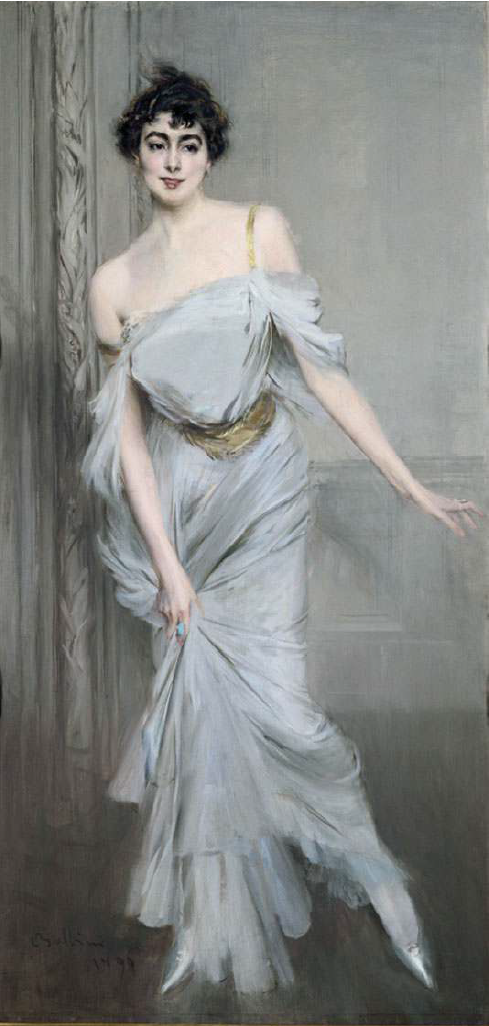 A full body portrait of a woman in a dress