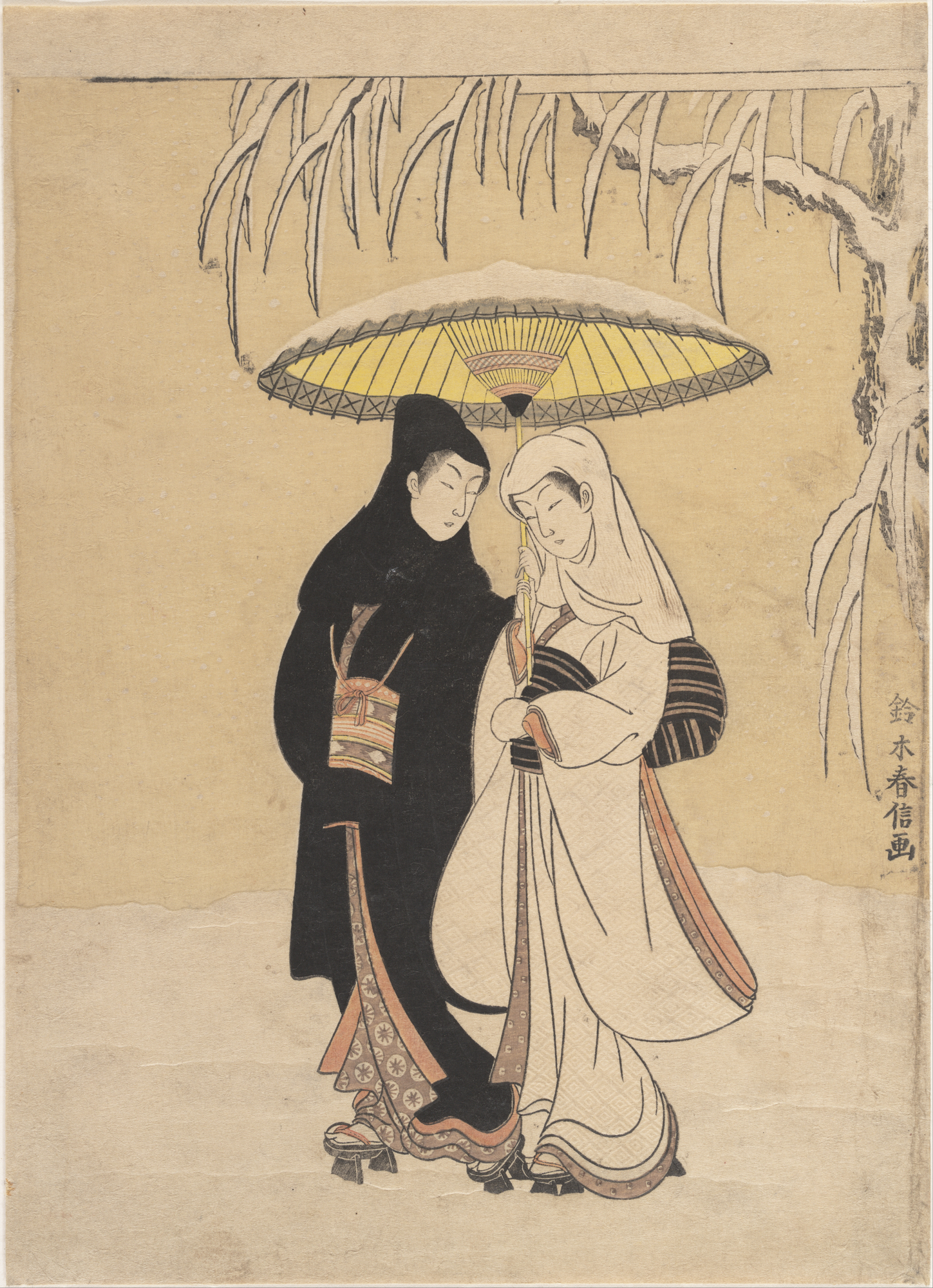 Two lovers join arms and walk in a white landscape of snow.