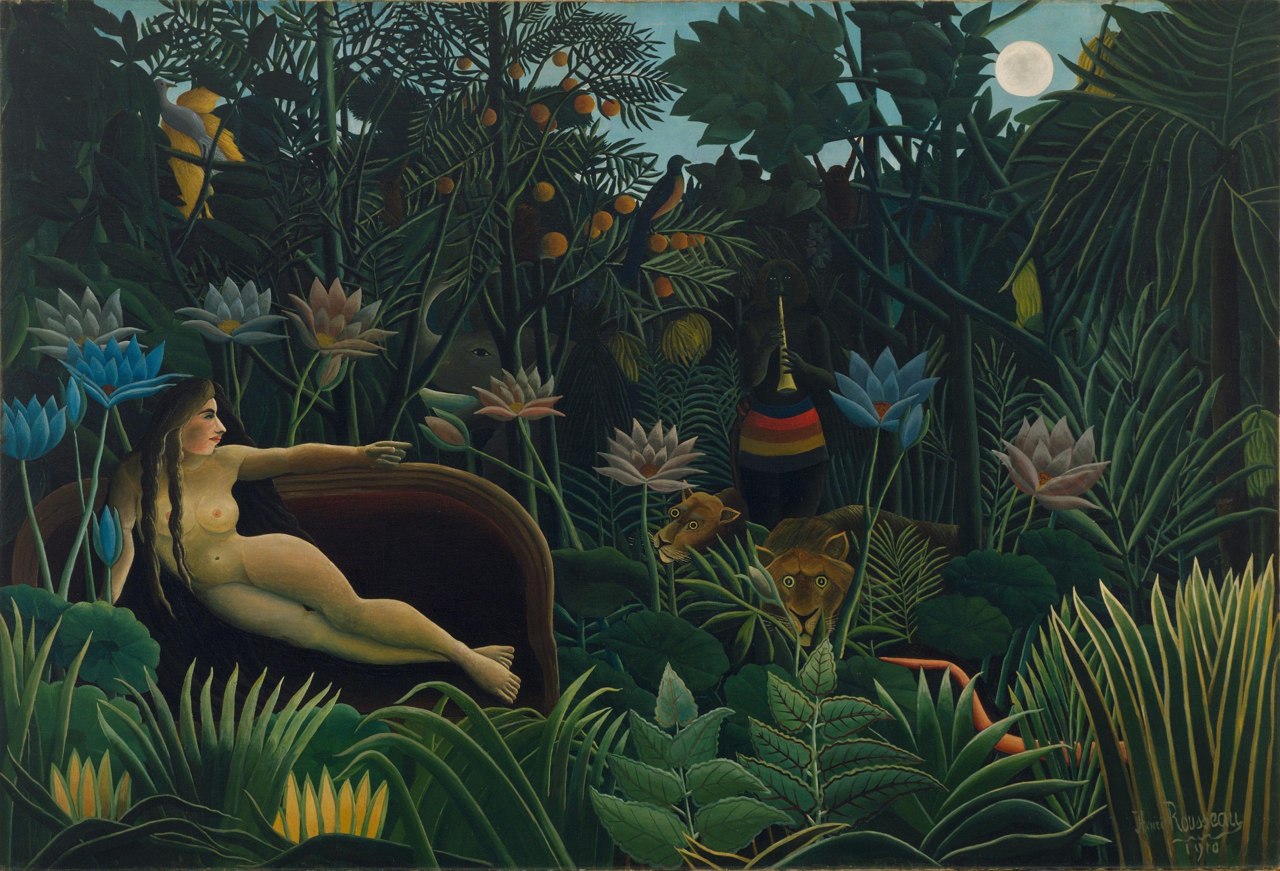 A nude woman in a tropical lush garden