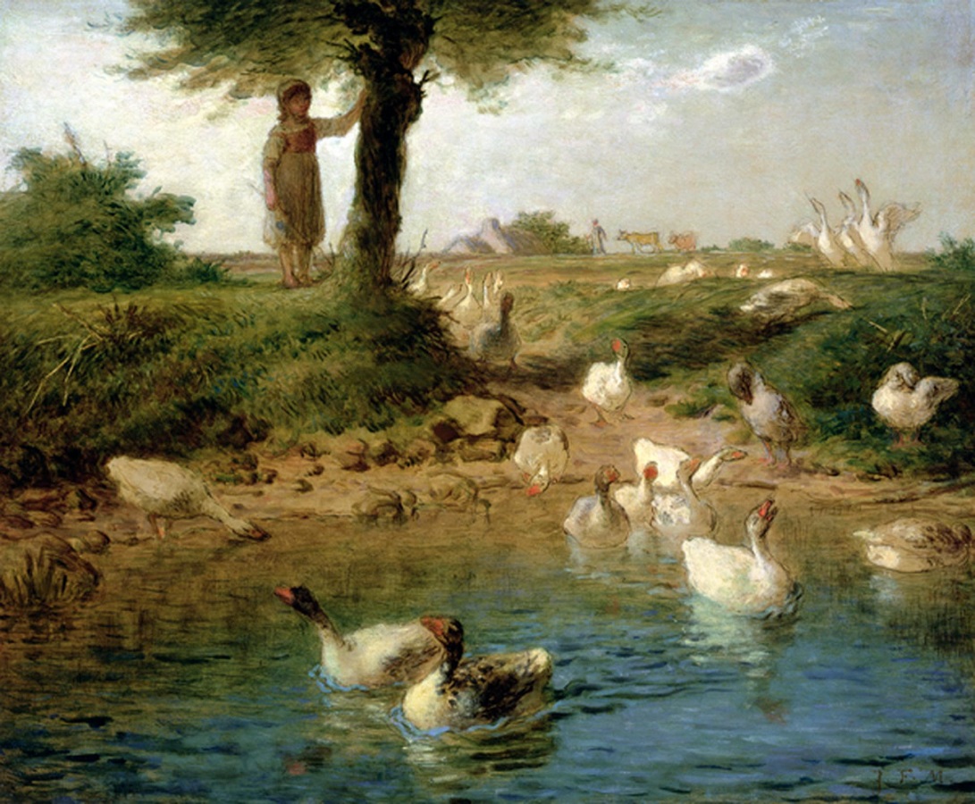 Ducks filling into a pond as a girl watches them from under a tree