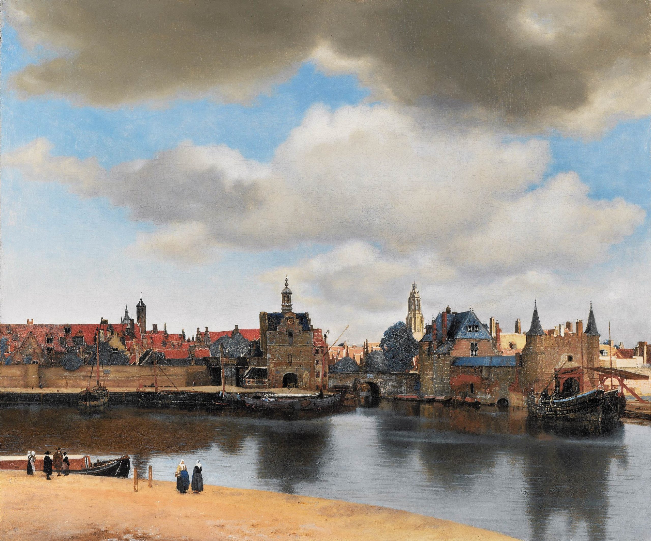 A landscape view of a town overlooking a river