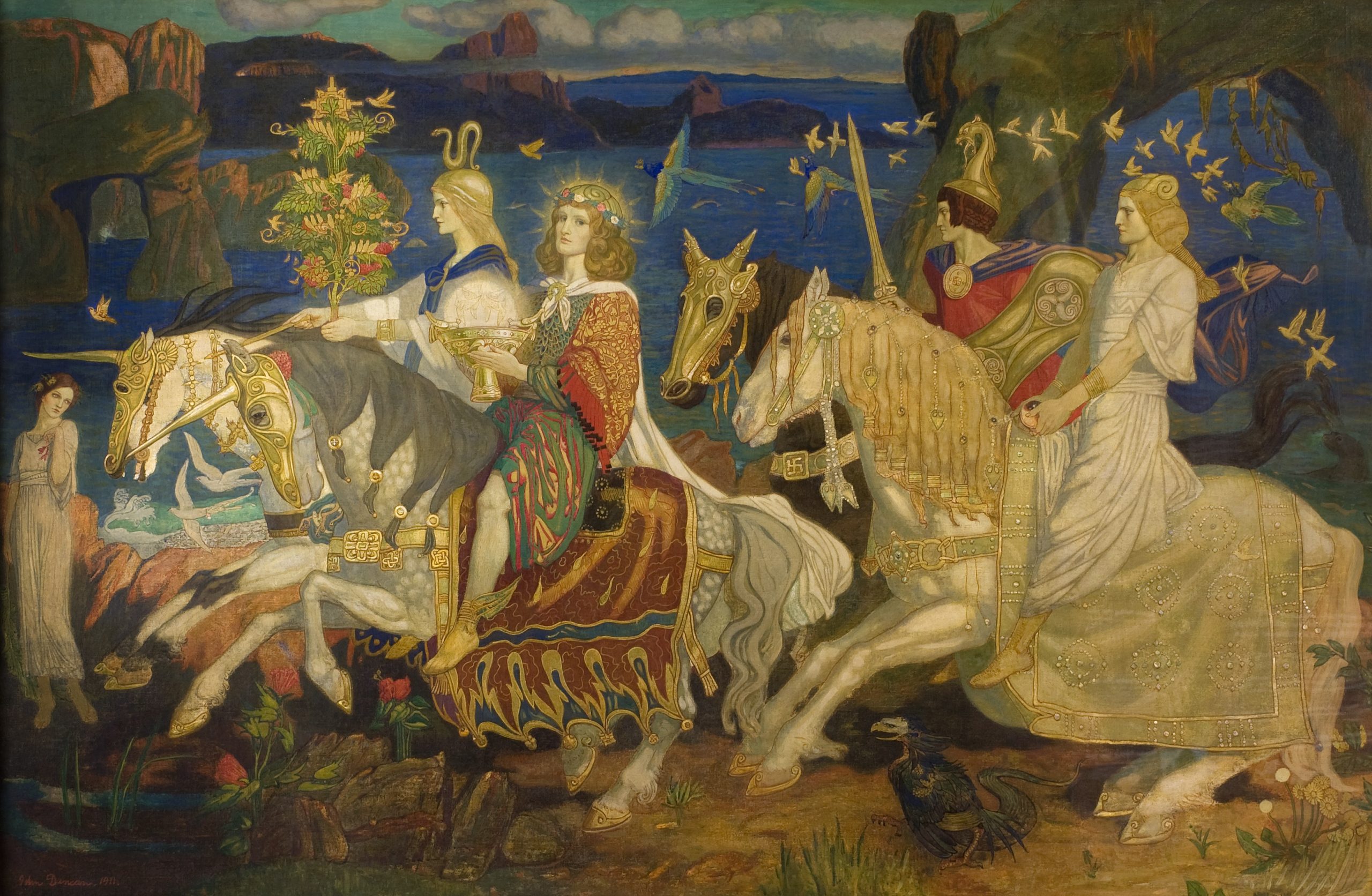 A group of figures on horseback in a magical landscape