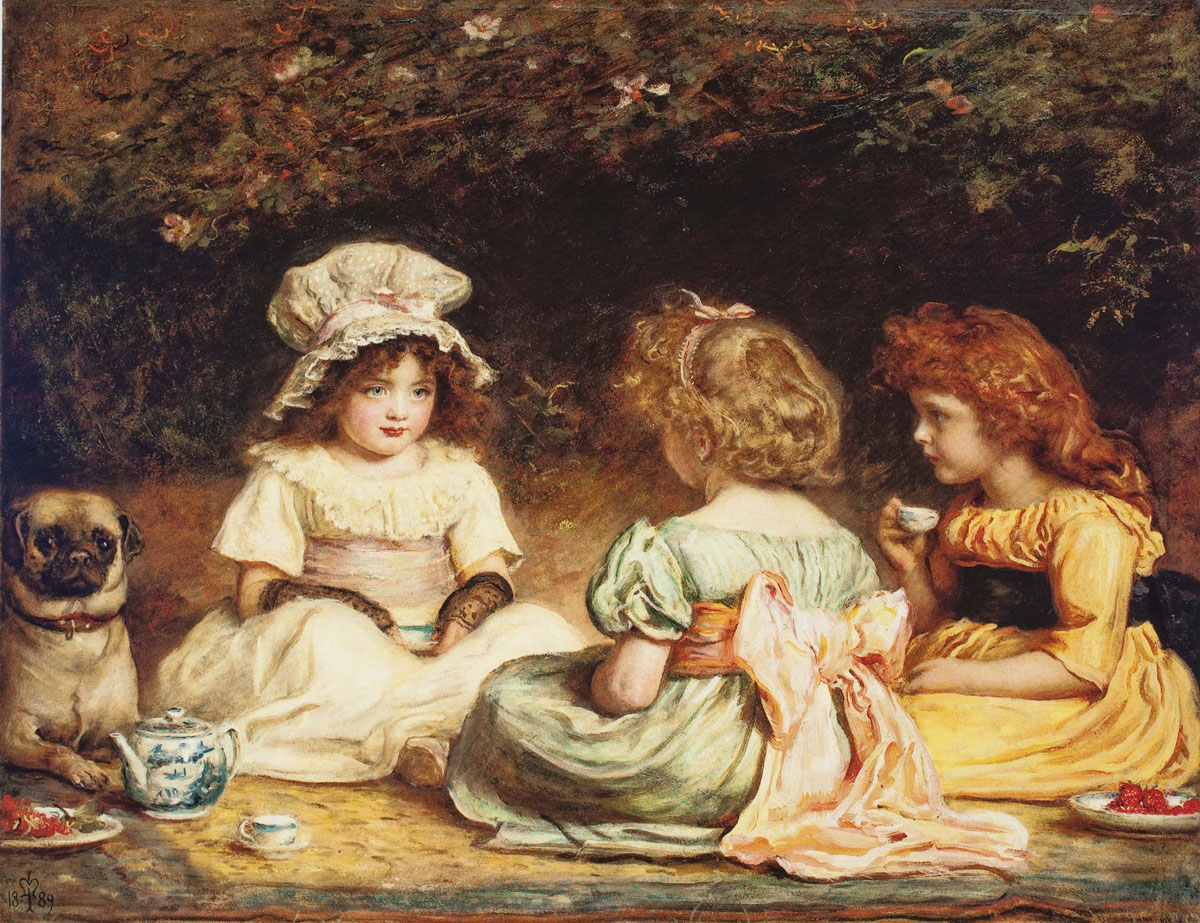 Three toddlers wearing dresses having tea outdoors with a pug nearby