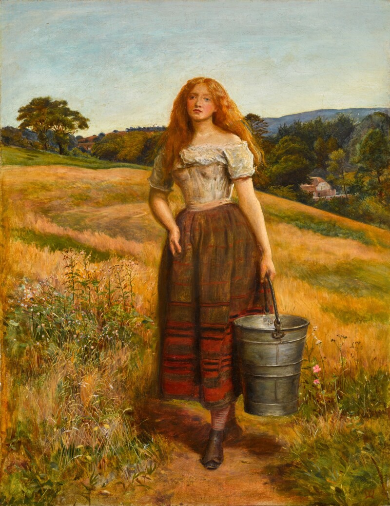 A farm girl carrying a metal bucket in a meadow