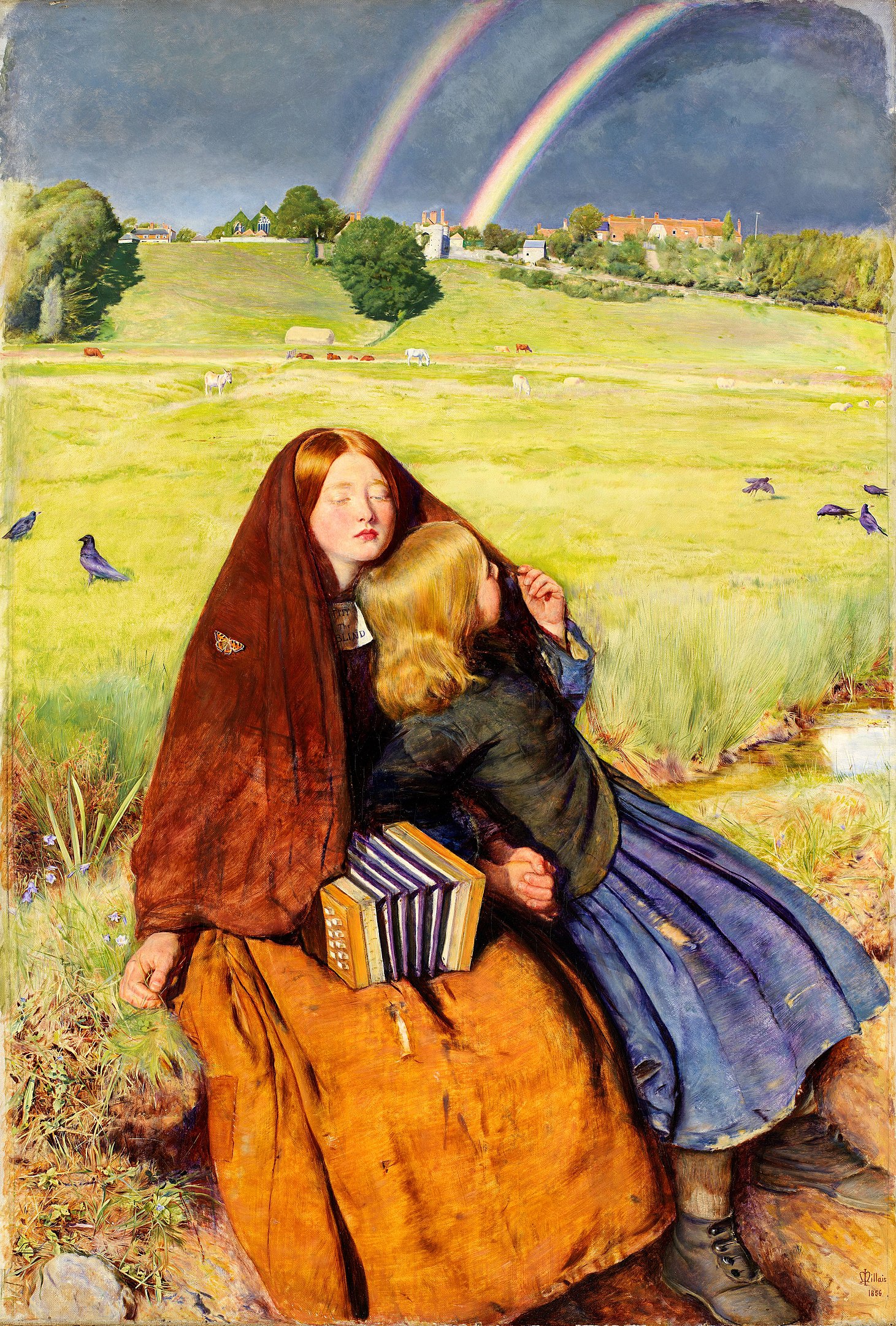 Two girls seated on a meadow with a double rainbow in the distance