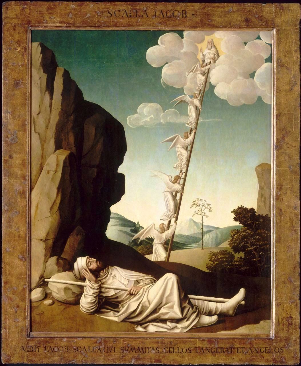 An abstract composition depicting a man sleeping outdoors with a lineup of angels climbing a ladder towards the clouds in the background