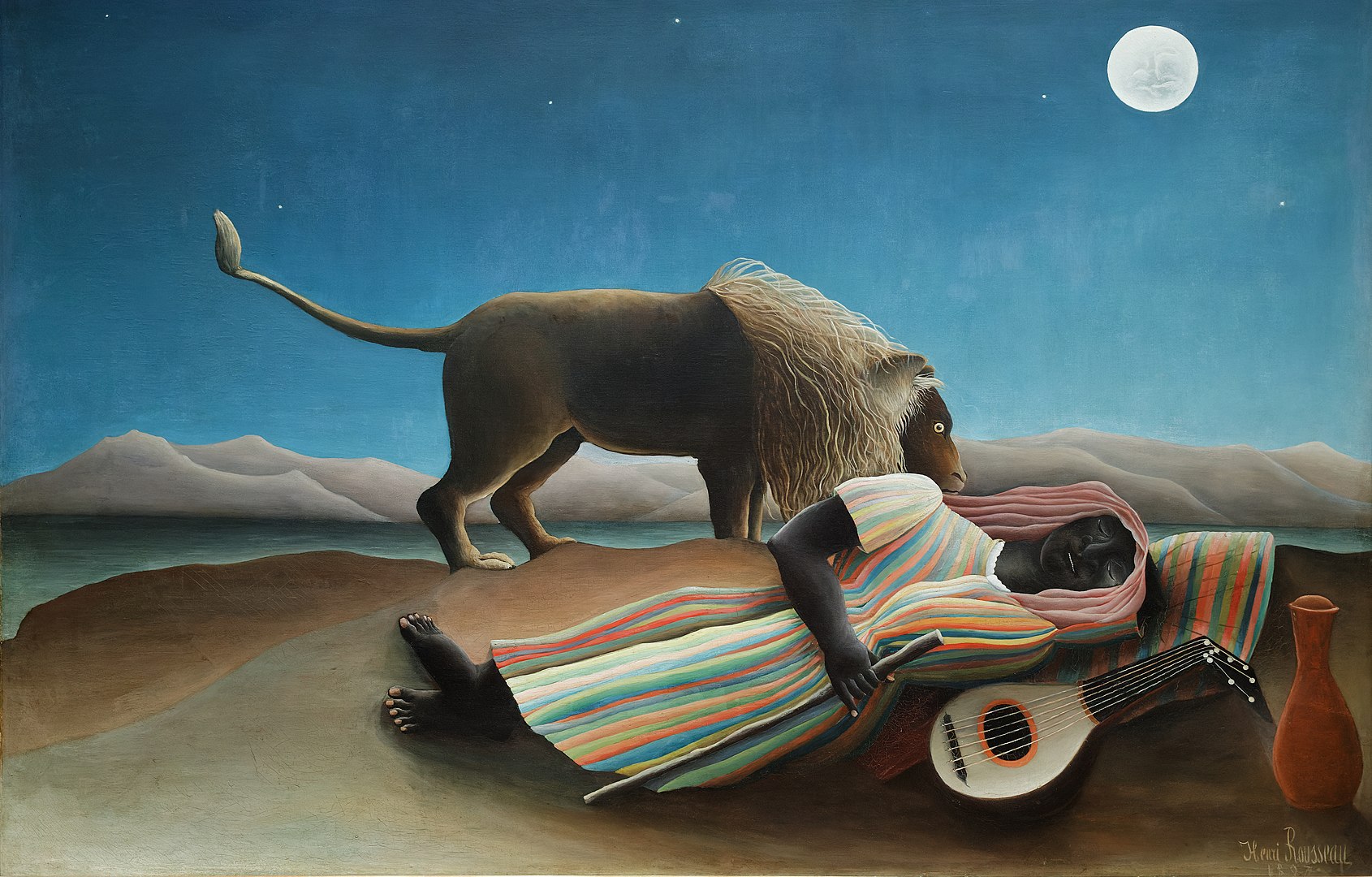 A woman sleeps on the ground next to a stringed instrument under a blue moonlit sky as a four-legged animal travels behind her.