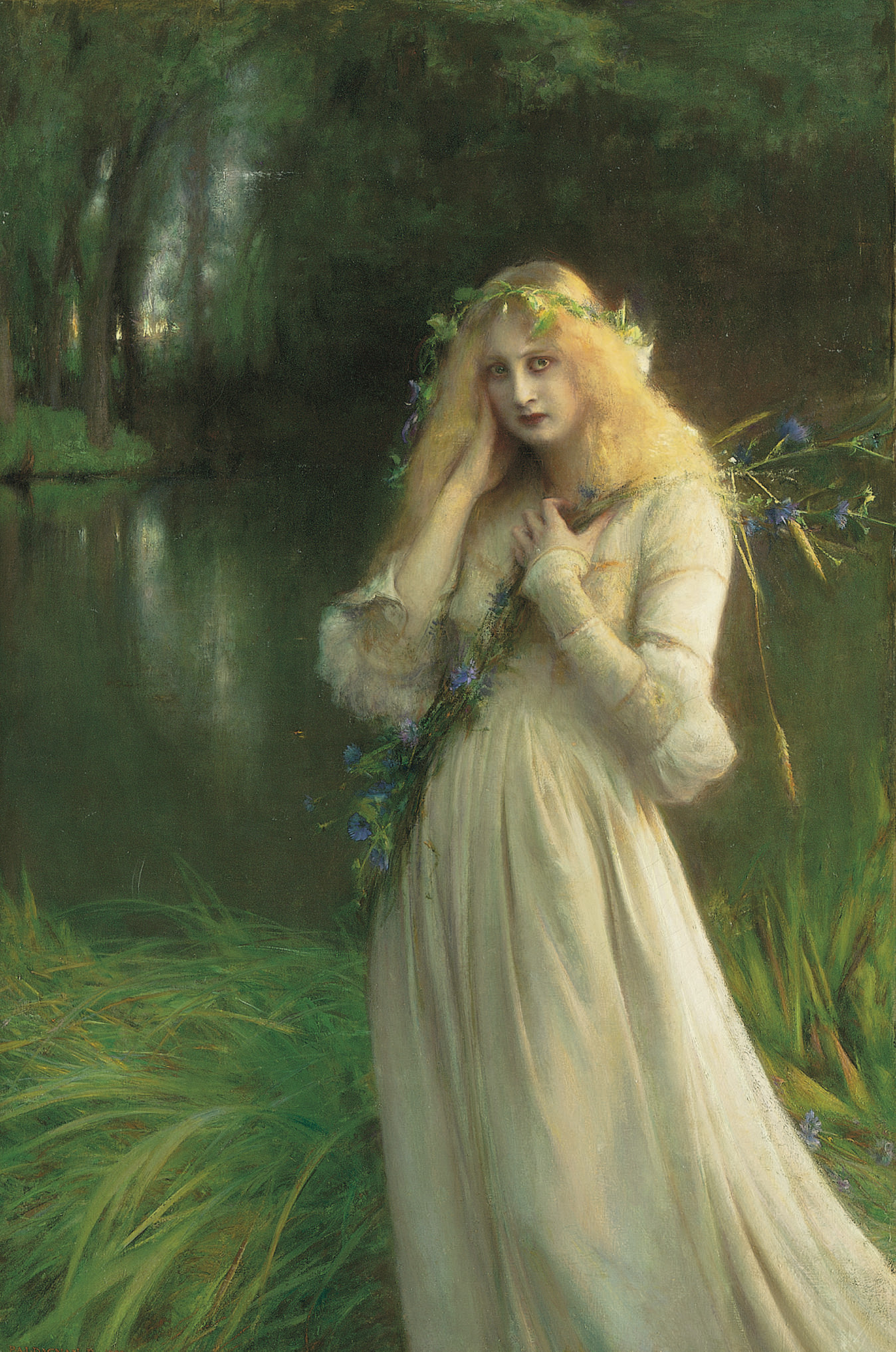A mysterious woman carrying flowers in a forest with a lake behind her