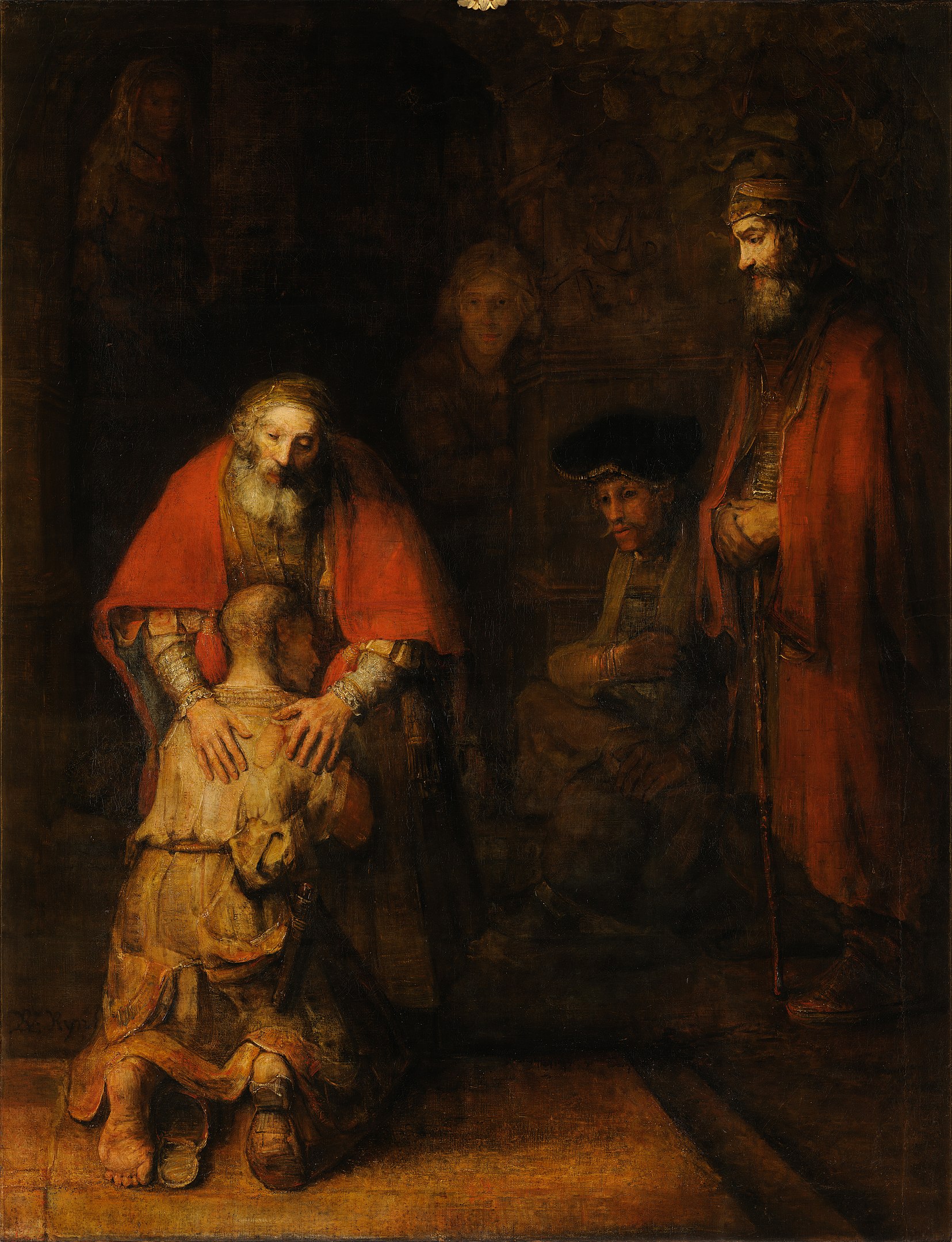 A man kneeling on both knees is held warmly by another, with three others watching nearby