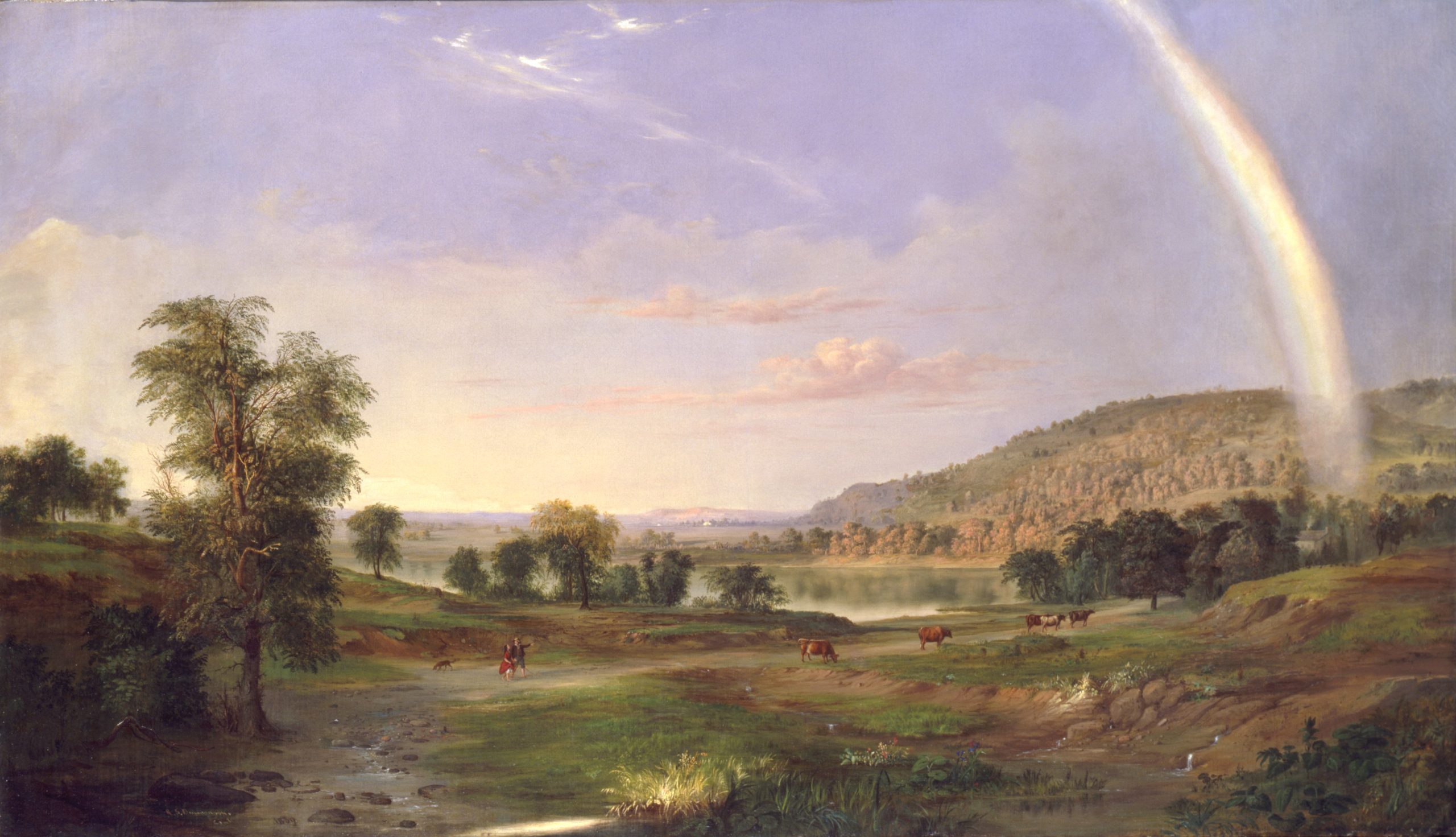 A classical landscape with a rainbow in the sky
