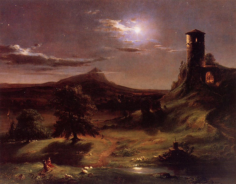 A moonlit sky lights up the landscape of a mountainous region with a castle on the right and shadowed trees on the left.