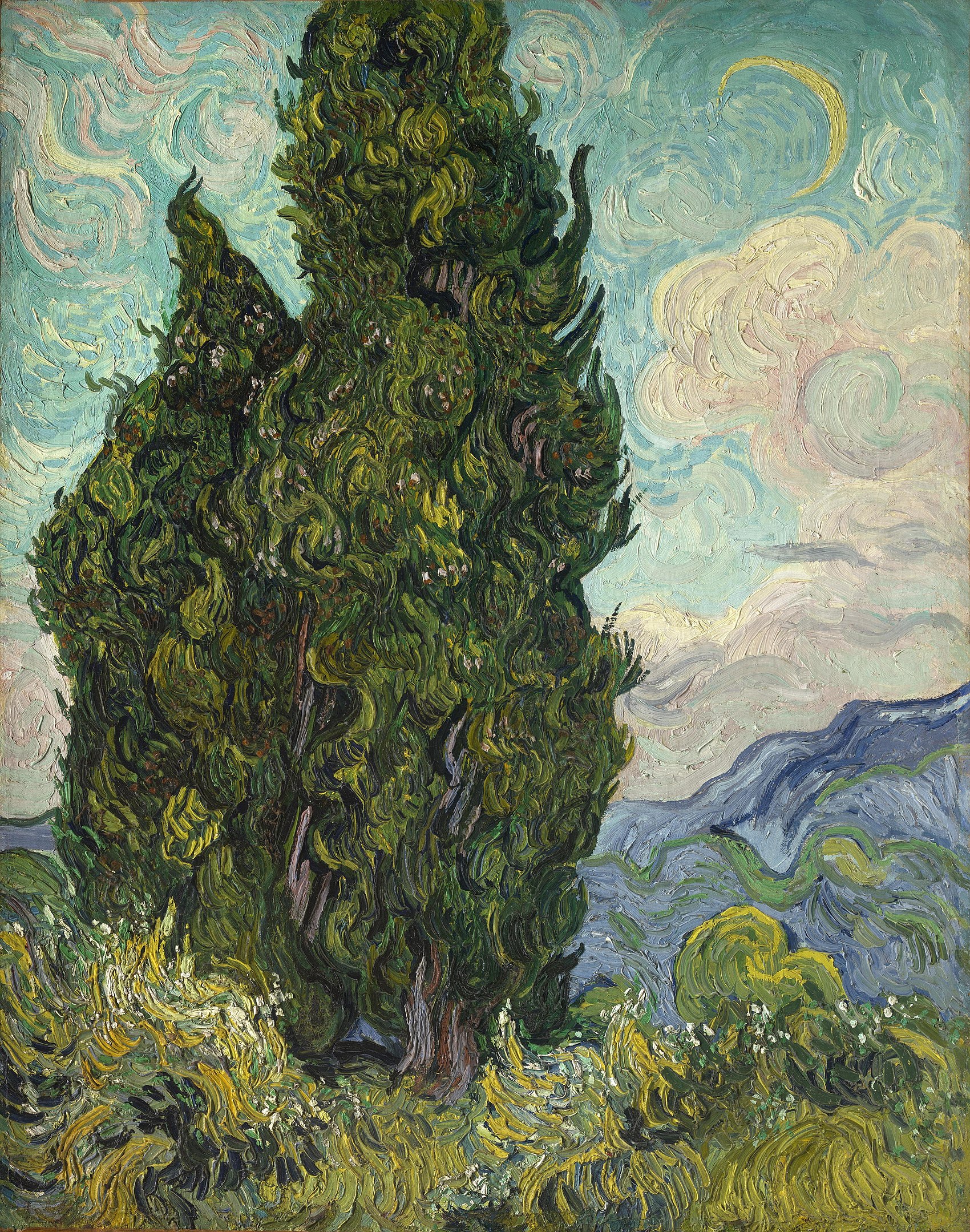 Cypress trees on a grassy field with mountains in the background