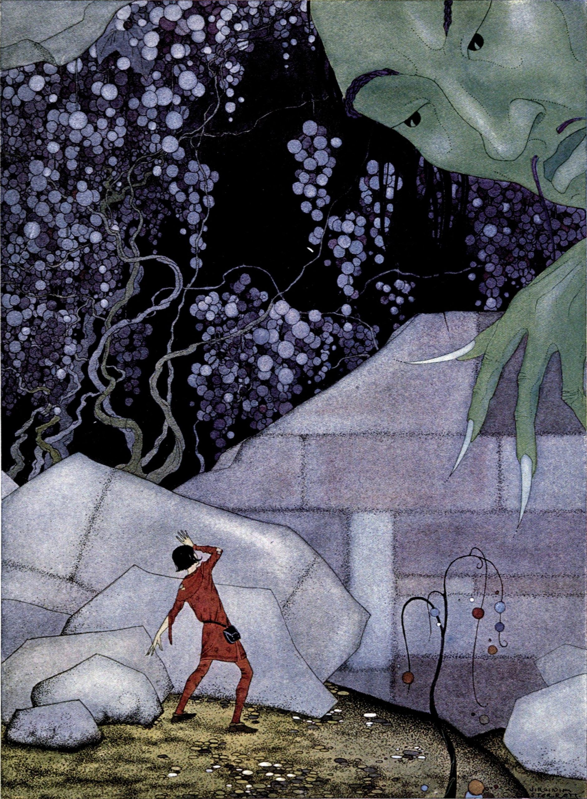 A giant peers down at an individual who shields their head as the wall crumbles beneath their feet.