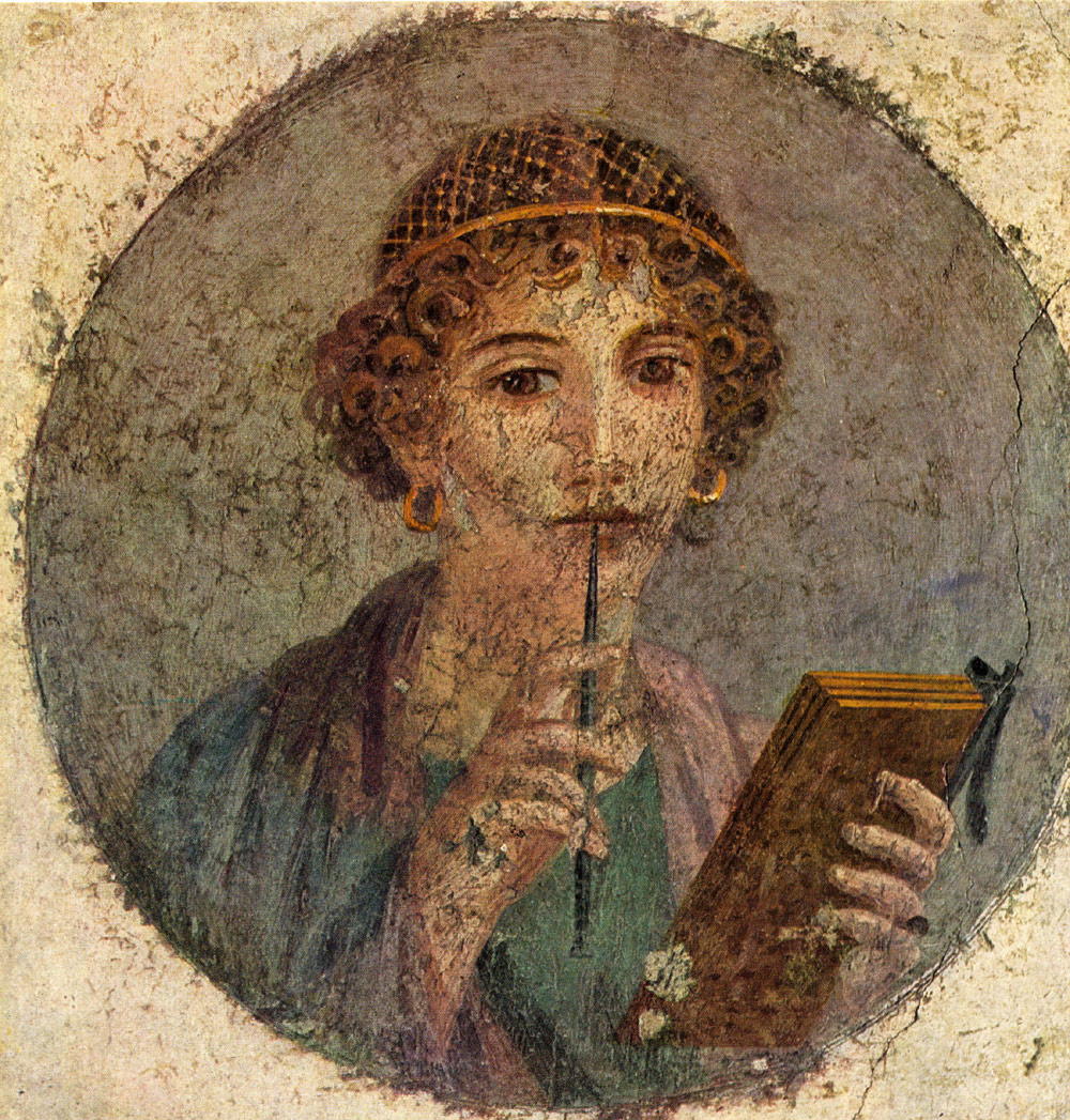 A portrait of a woman holding a wax tablet and a stylus