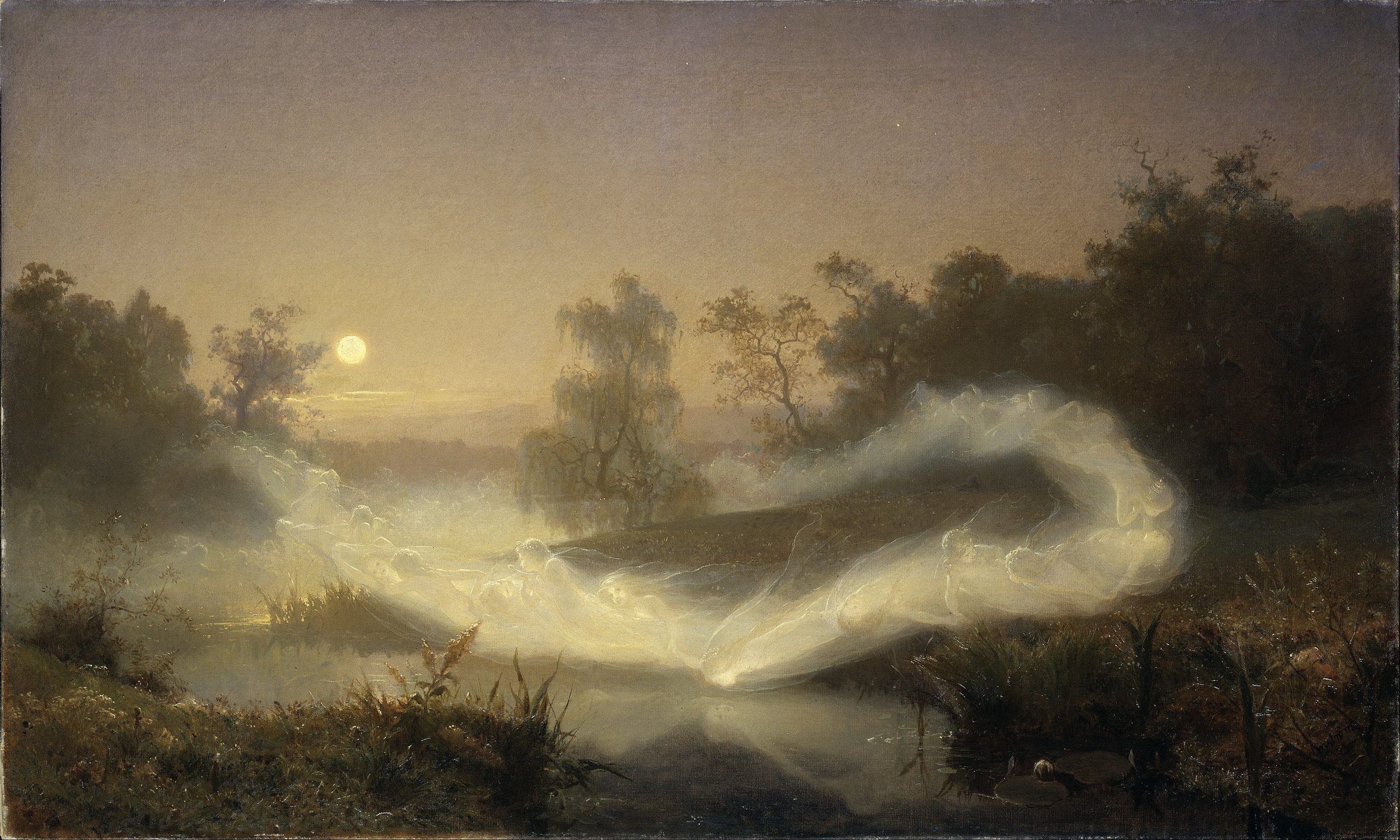 A glowing sky is lit by the scene of fairies dancing over water at dusk.