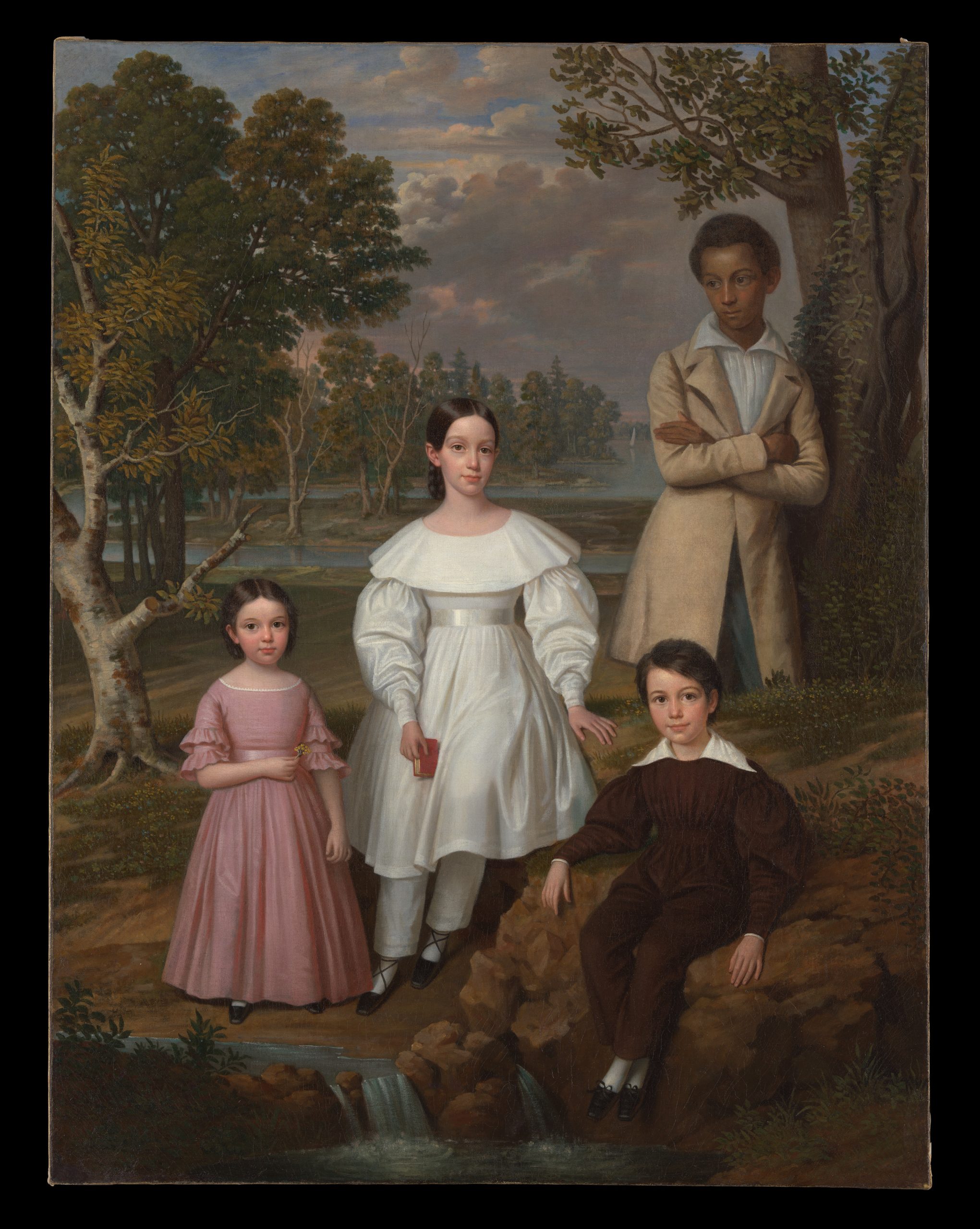 A painting depicts a portrait of four individuals standing against the background of a forest.