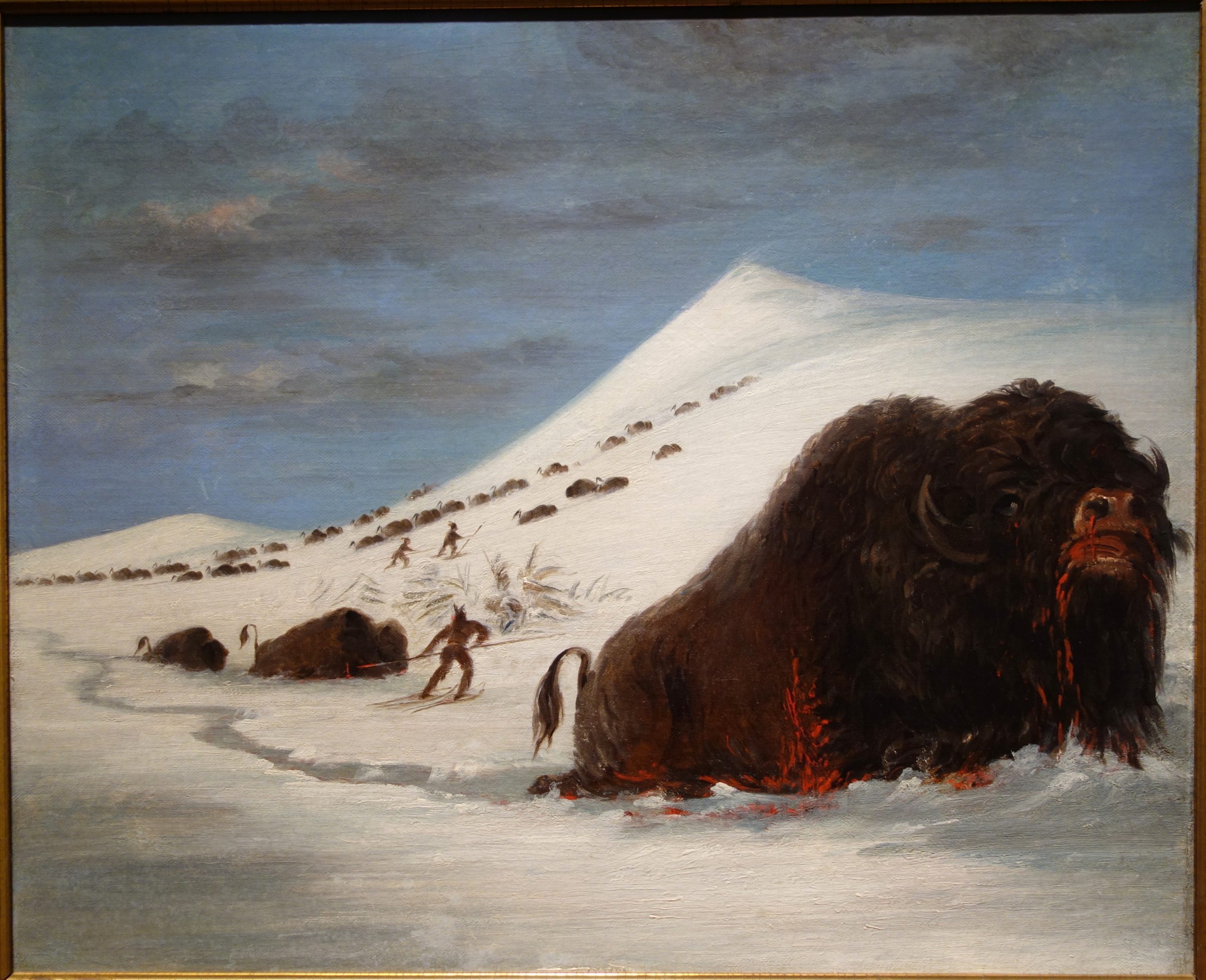 A large buffalo travels through heavy snow with people working in the distance.