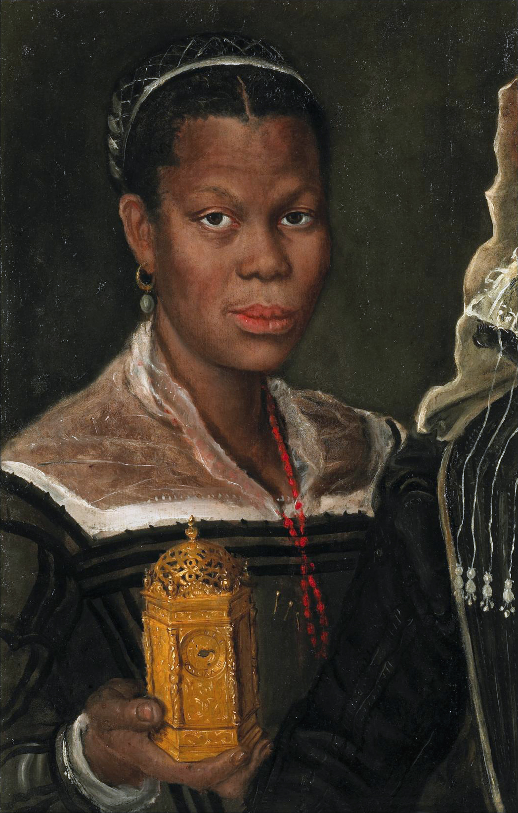 A portrait of a young African woman holding a clock and gazing at the viewer.