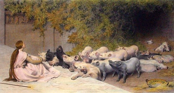 A young woman sits with her arms in her lap while a large drove of pigs look upwards at her.