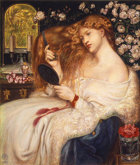 A woman combing her hair at a vanity beside a bush of flowers