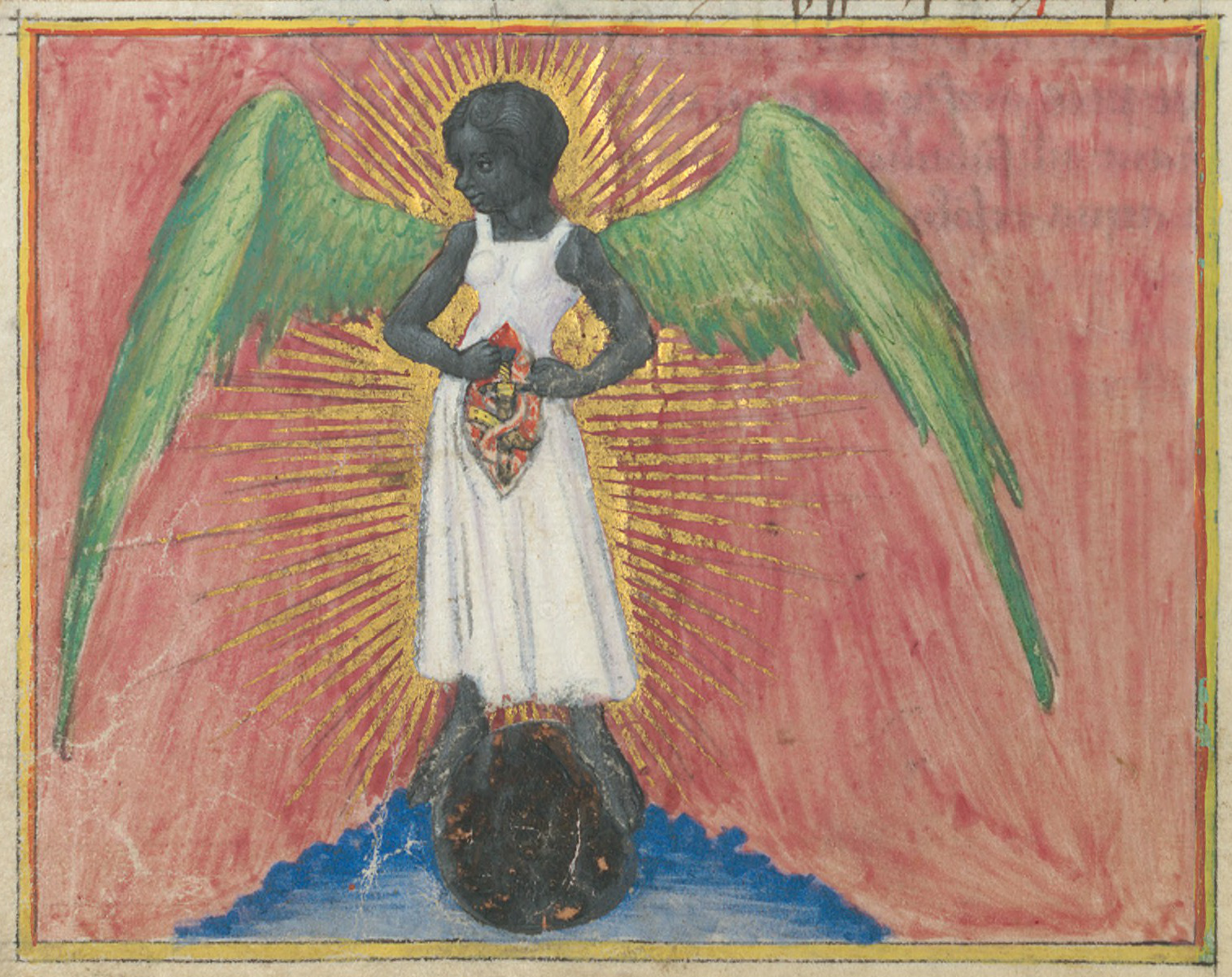 A stylized image of an angel with wings who holds an item.