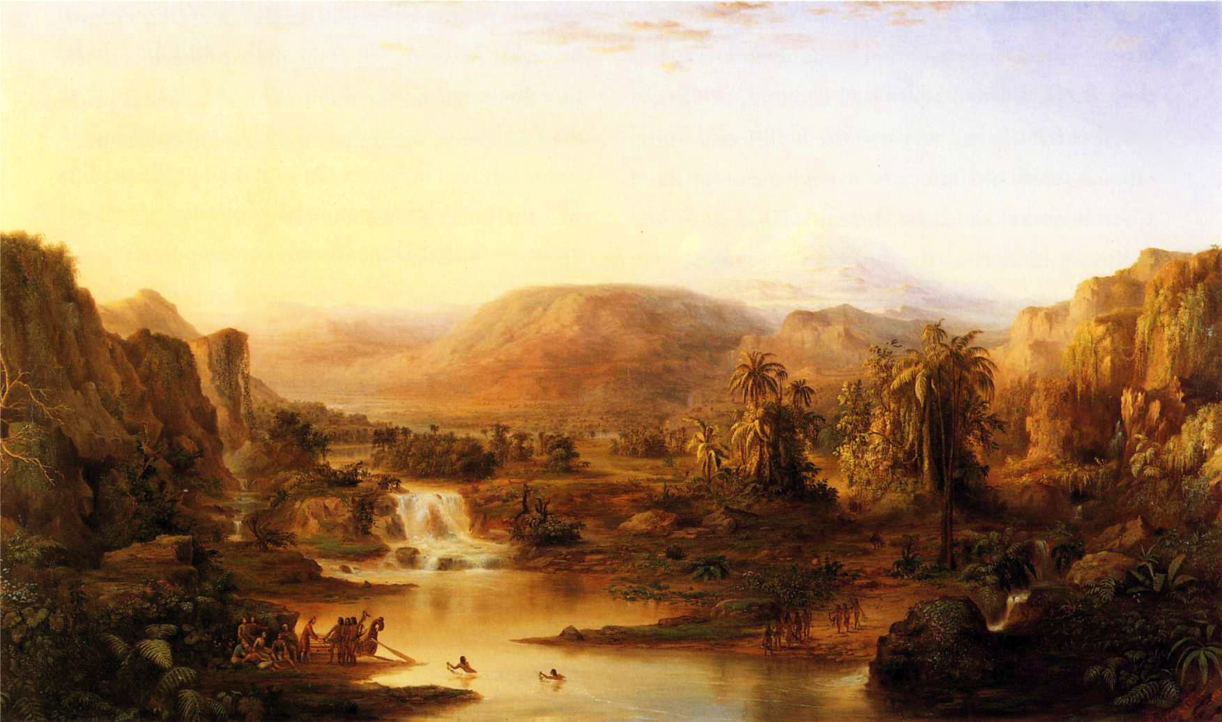A large scene depicting mountains and a body of water under a hazy sky while people are seen in the distance in the water.
