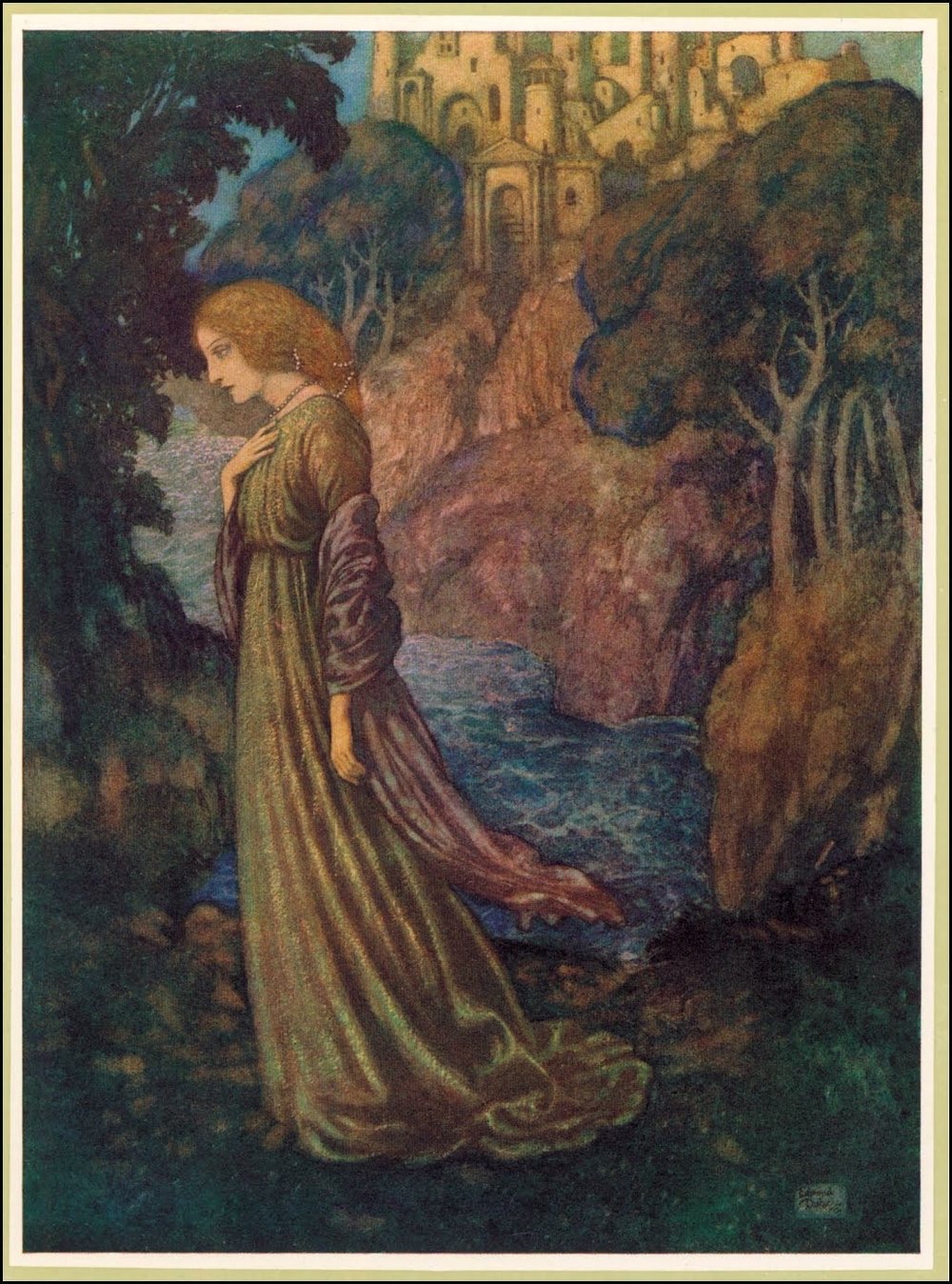 A woman standing alone by the riverside near a castle on the mountains