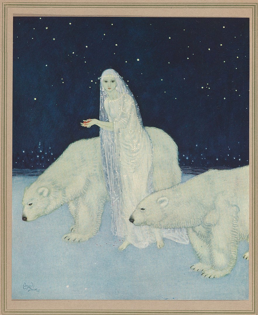 A woman wearing white stands between two polar bears and walks on a snowy ground under a starry night sky.