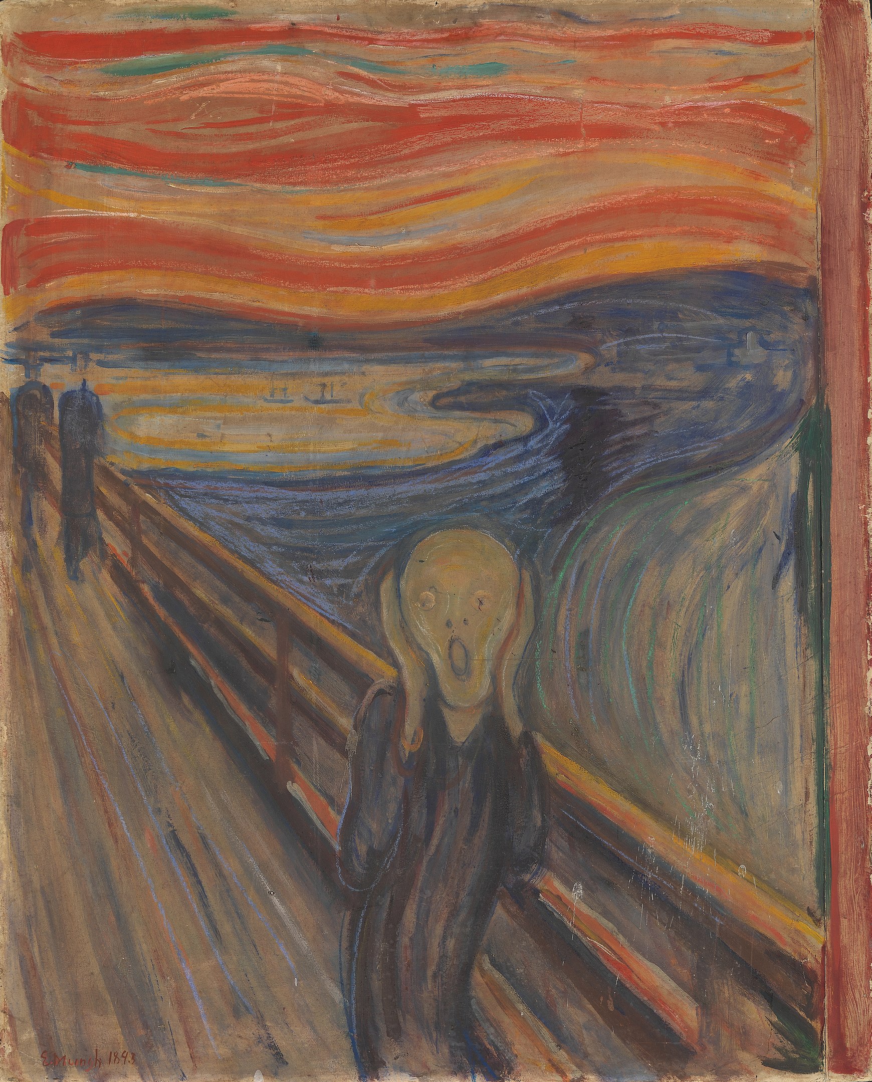 A figure covering its ears screaming on a bridge under a red sky