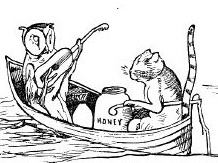 A cartoon image of two cats on a boat, one playing a stringed instrument.