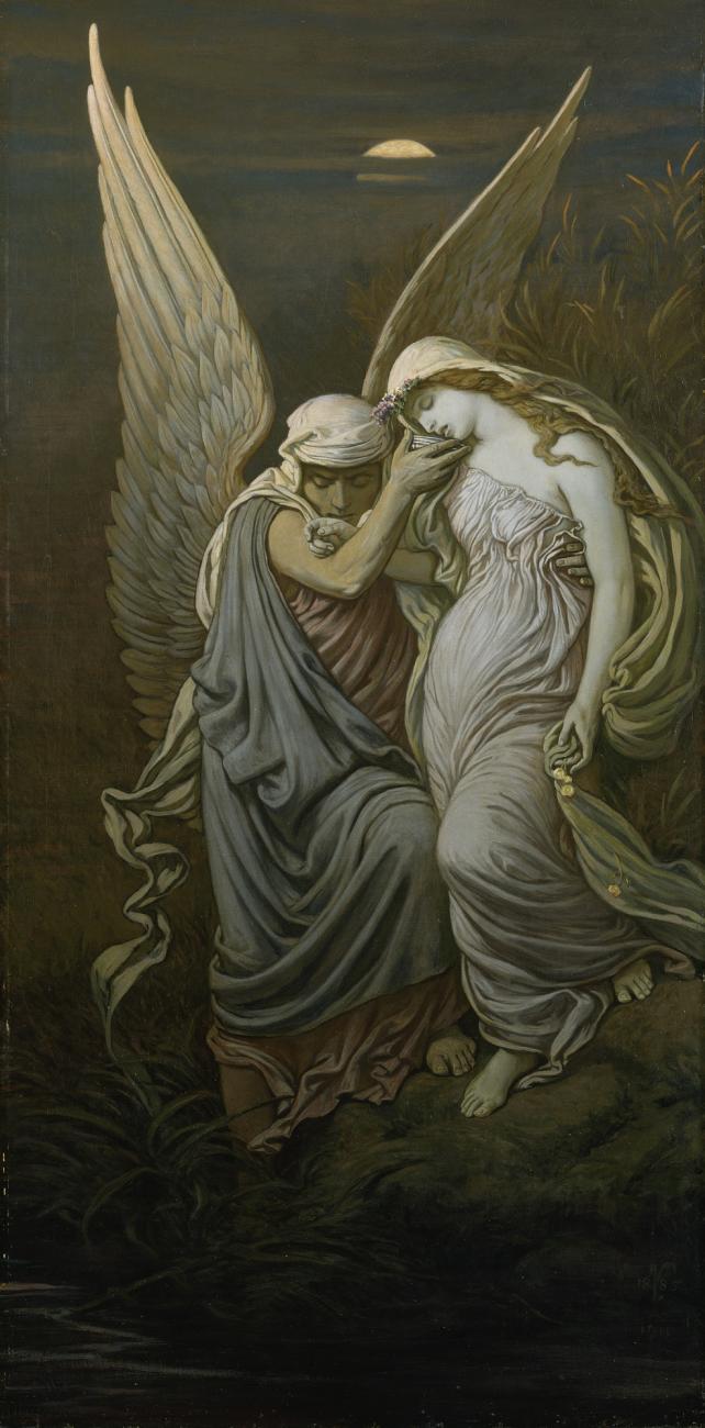 An angel holding a woman's face in a dark environment with the moon in the background