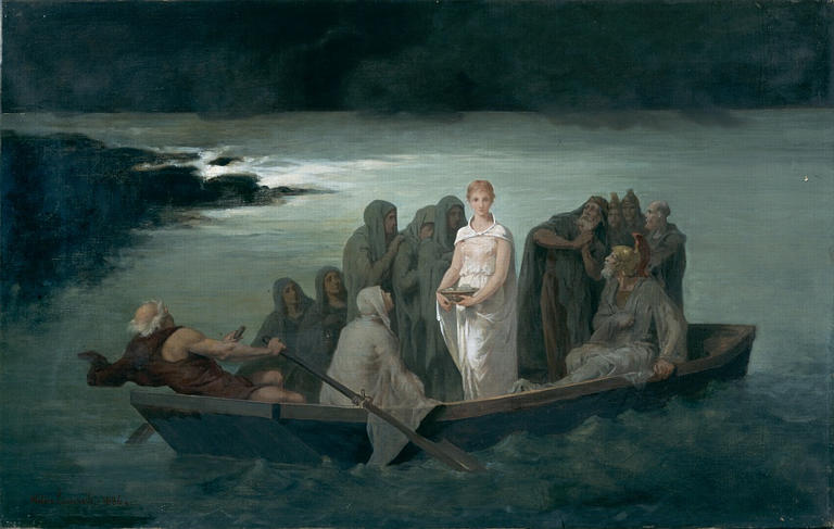 A woman wearing all white stands on a boat which floats out to a gloomy sea, driven by a large group of people.