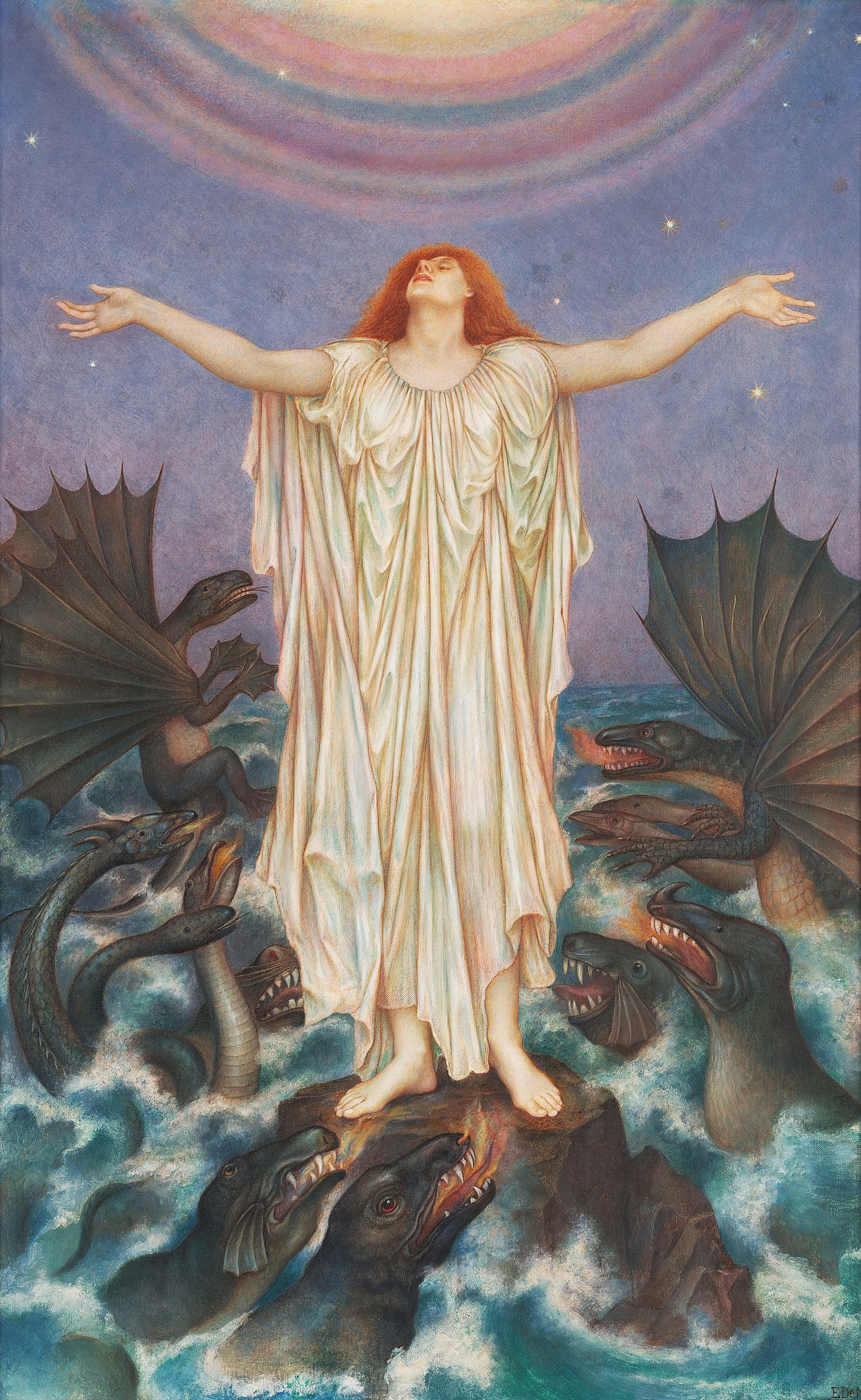A woman standing on a rock in the sea with her arms outstretched and face tilted towards the sky as sea monsters encircle her