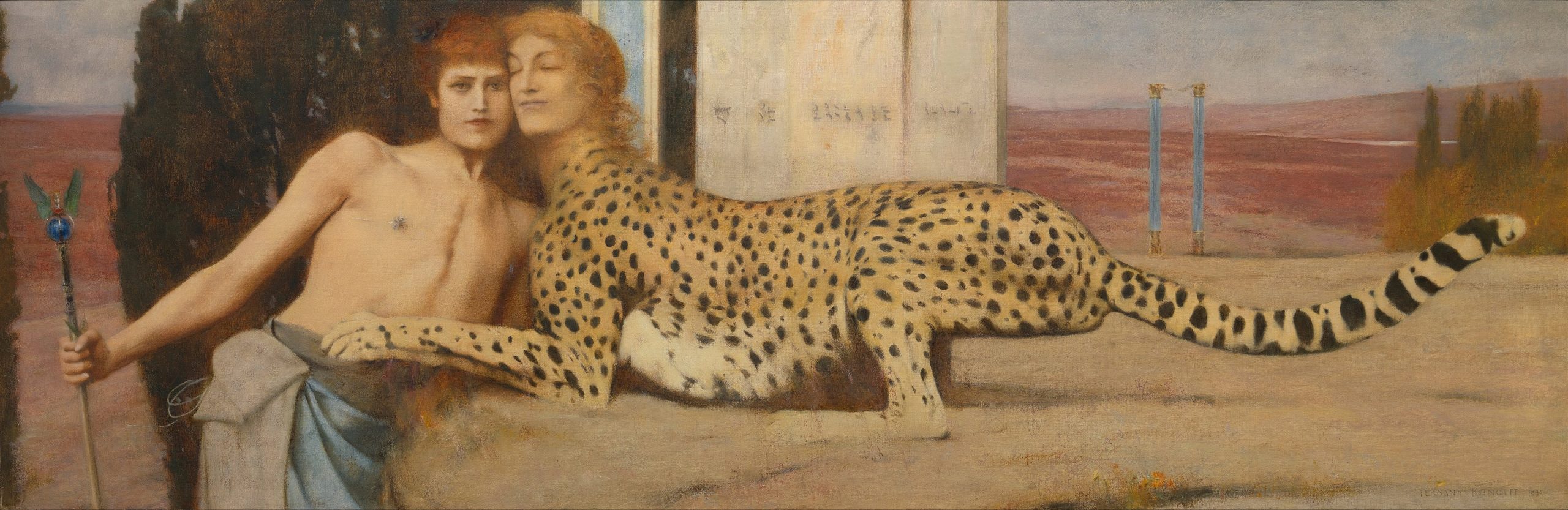 A woman with the body of a cheetah holds her head close to that of a man holding a sceptre