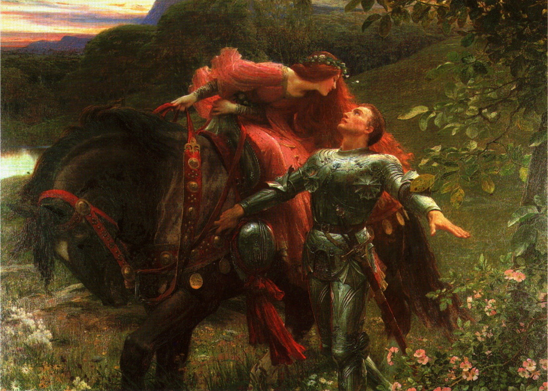 A woman seated on a horse leaning in towards a man staring up at her with arms outstretched in a meadow