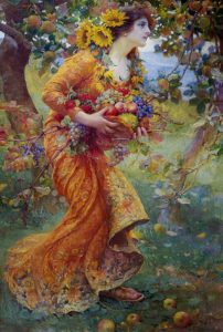 A woman carrying a cornucopia filled with fruits walks past a tree in a meadow