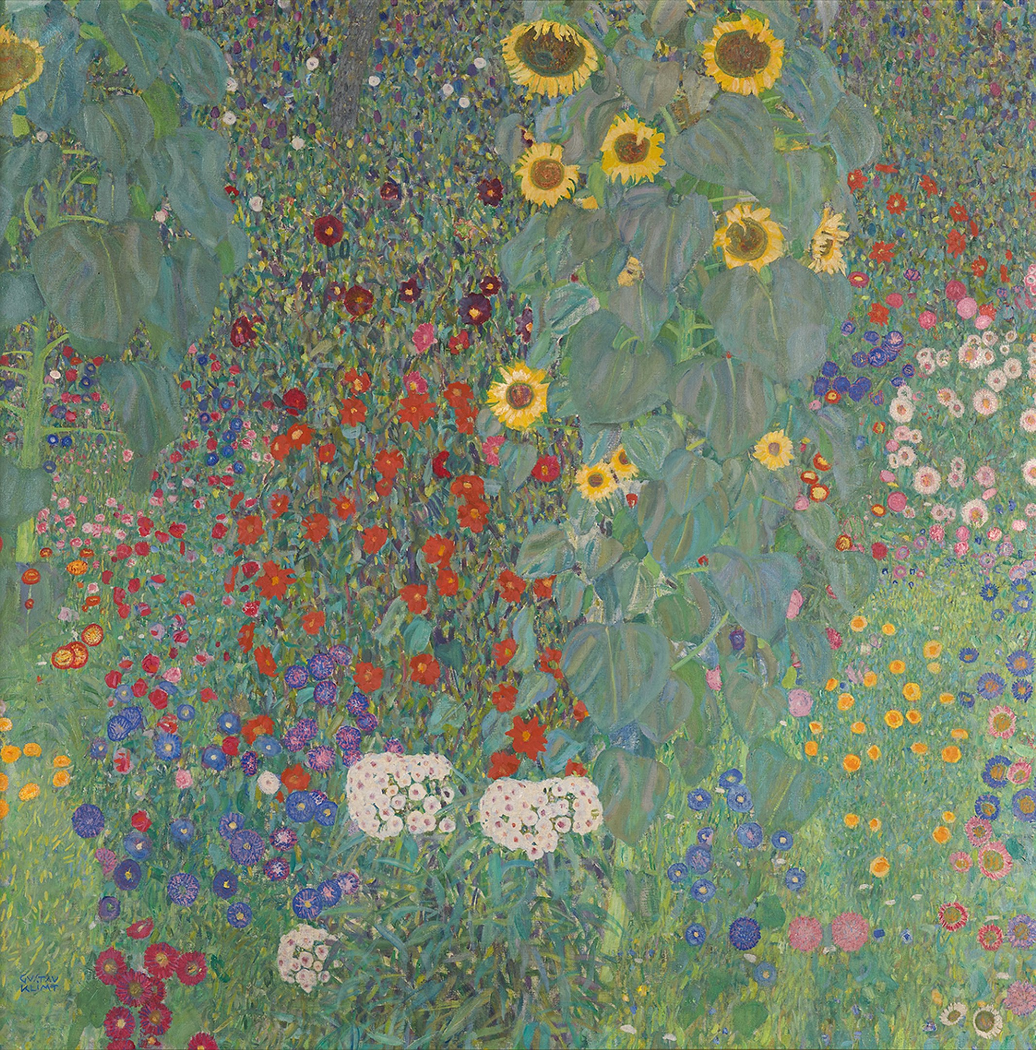 An abstract painting of various flowers