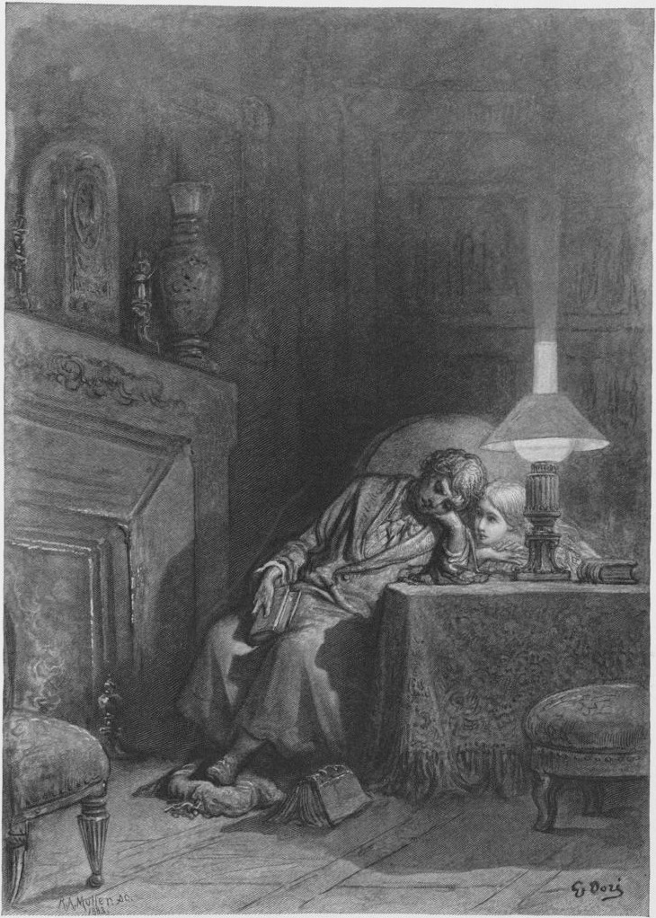 A man falling asleep on a chair as a child watches him closely in a dark room illuminated only by a table lamp