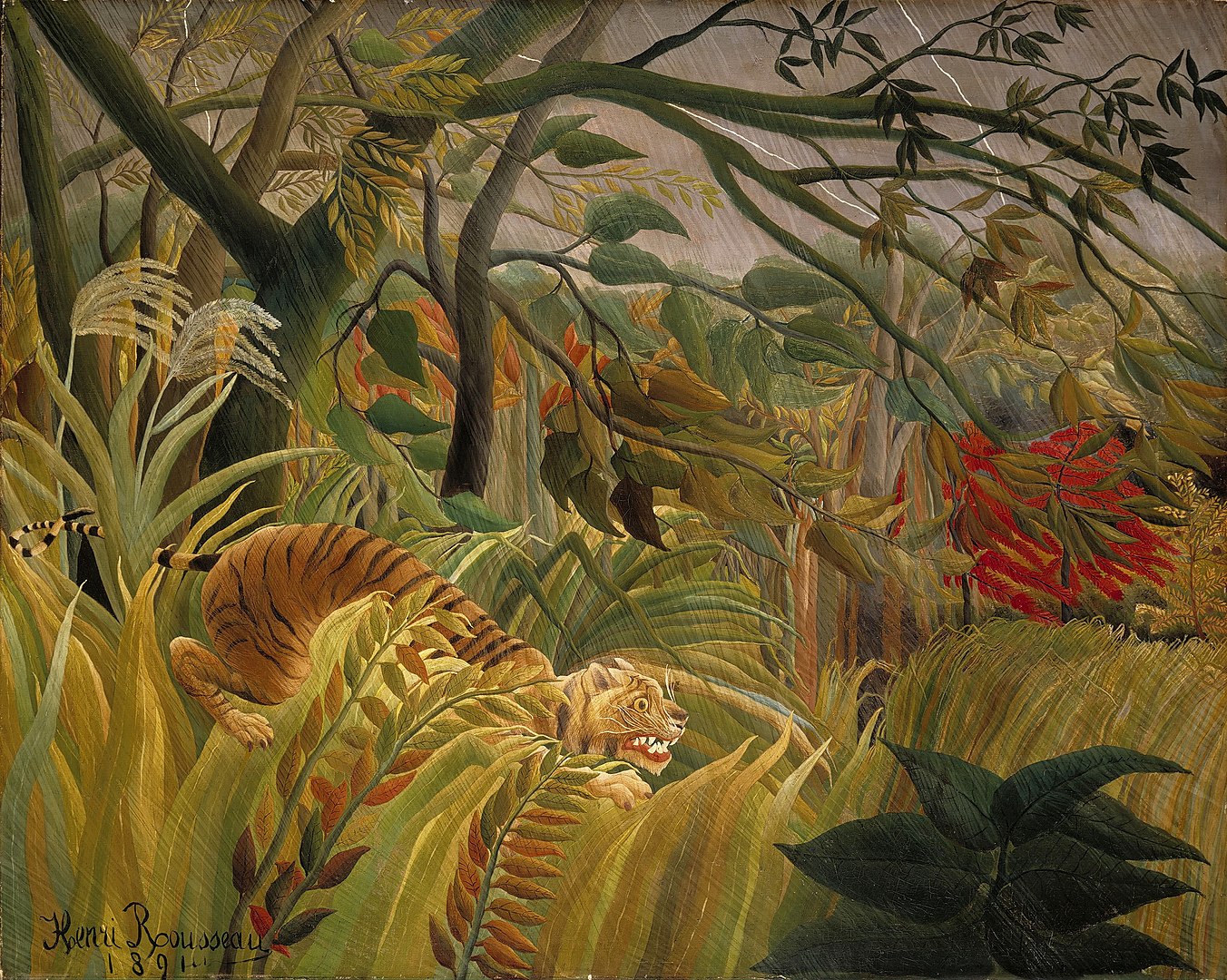 A tiger hides beneath trees in a windy storm.