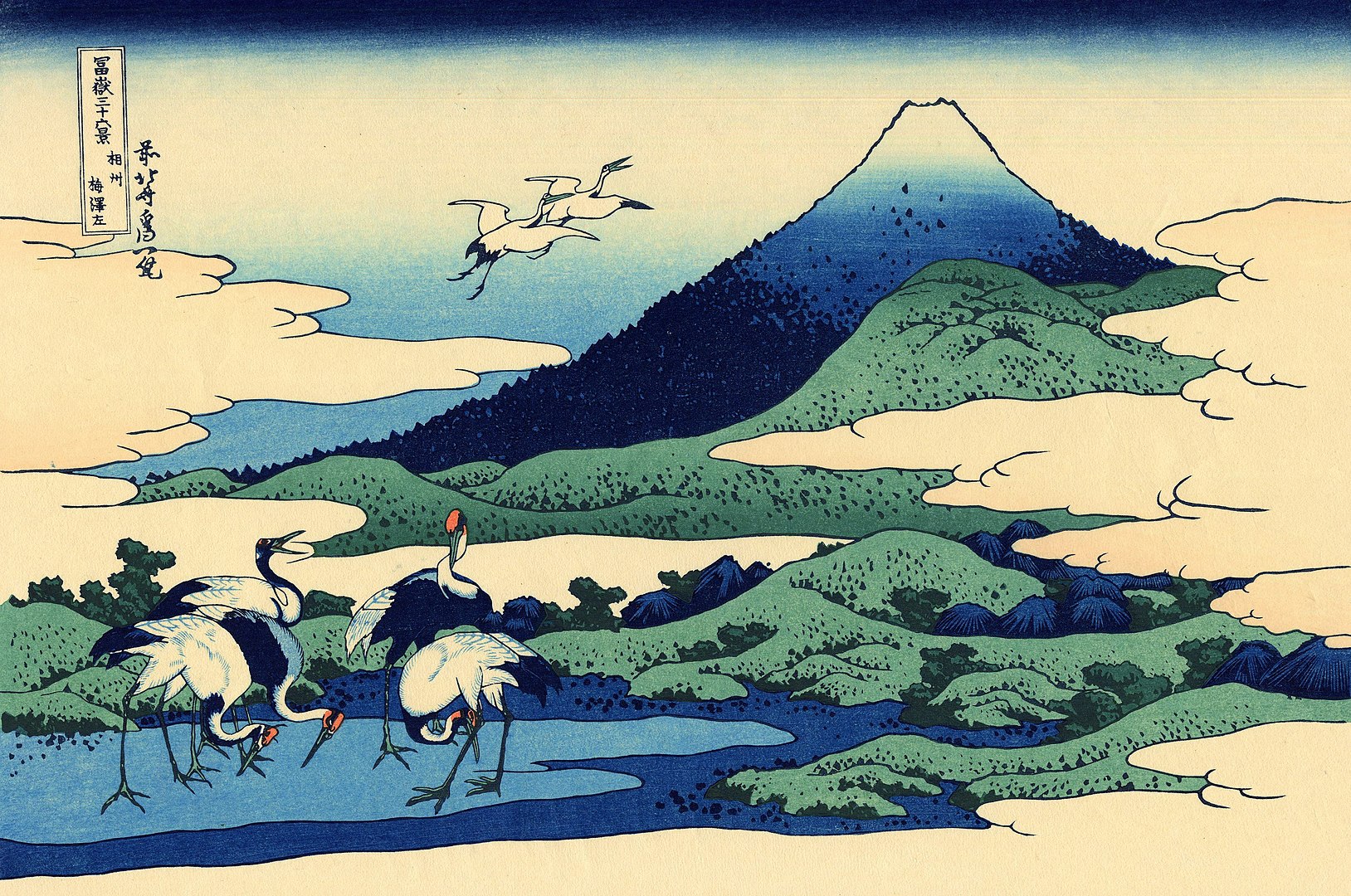 An illustration of a scene of mountains and flightless birds.